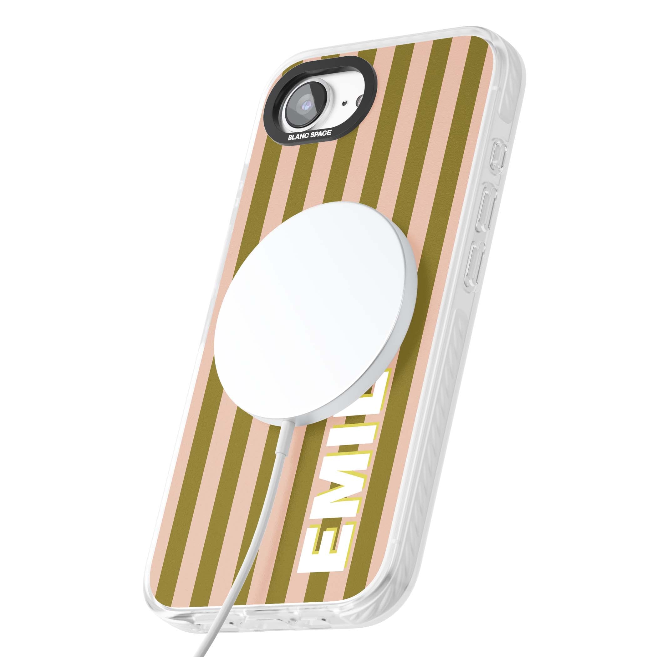 Indian Stripe personalised iPhone case featuring olive green and blush pink vertical stripes with custom name in whit | Impact Magsafe case for iPhone 16e, iPhone 17e
