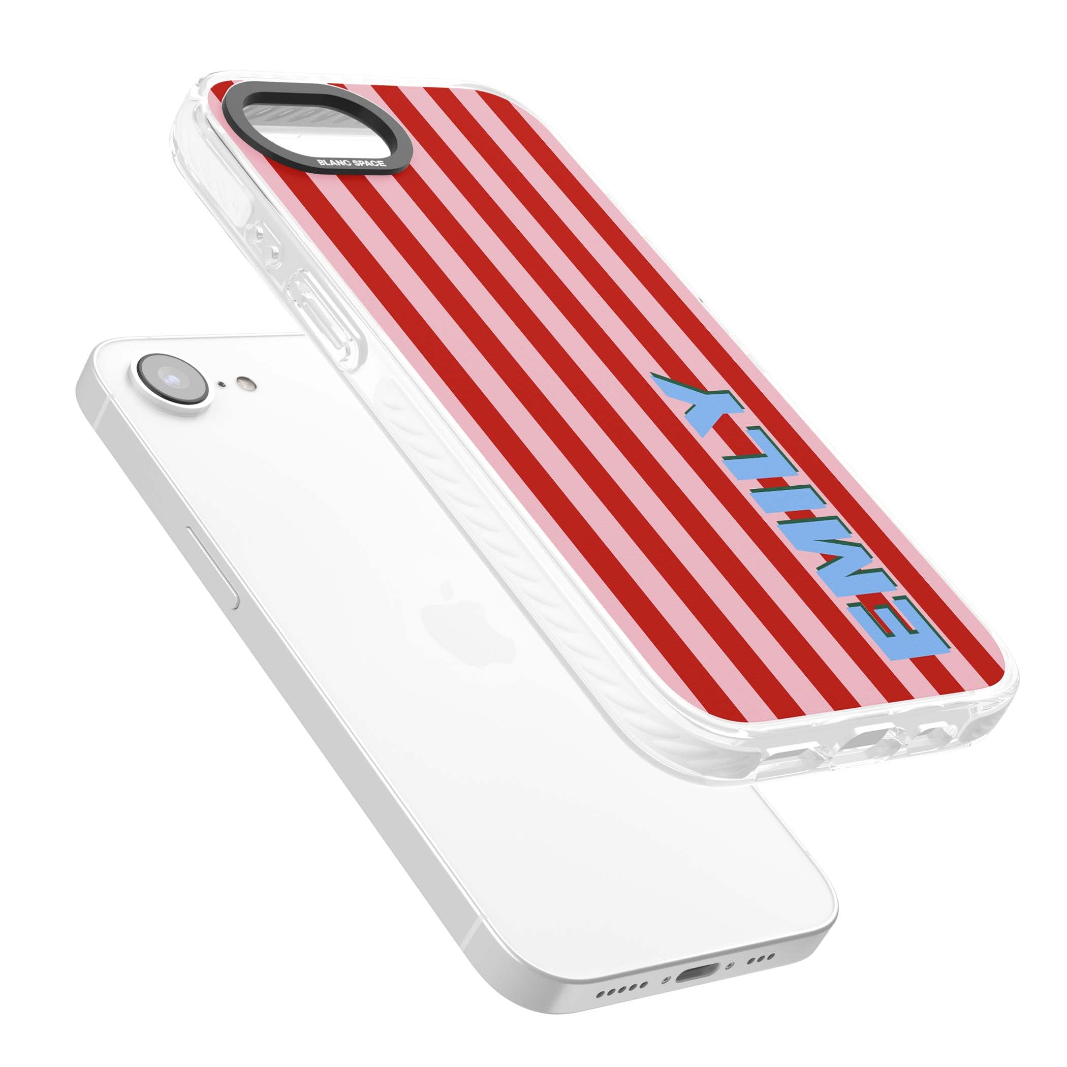 Market Stripe personalised iPhone case with red and pink vertical stripes and custom blue name | Impact Magsafe case for iPhone 16e, iPhone 17e