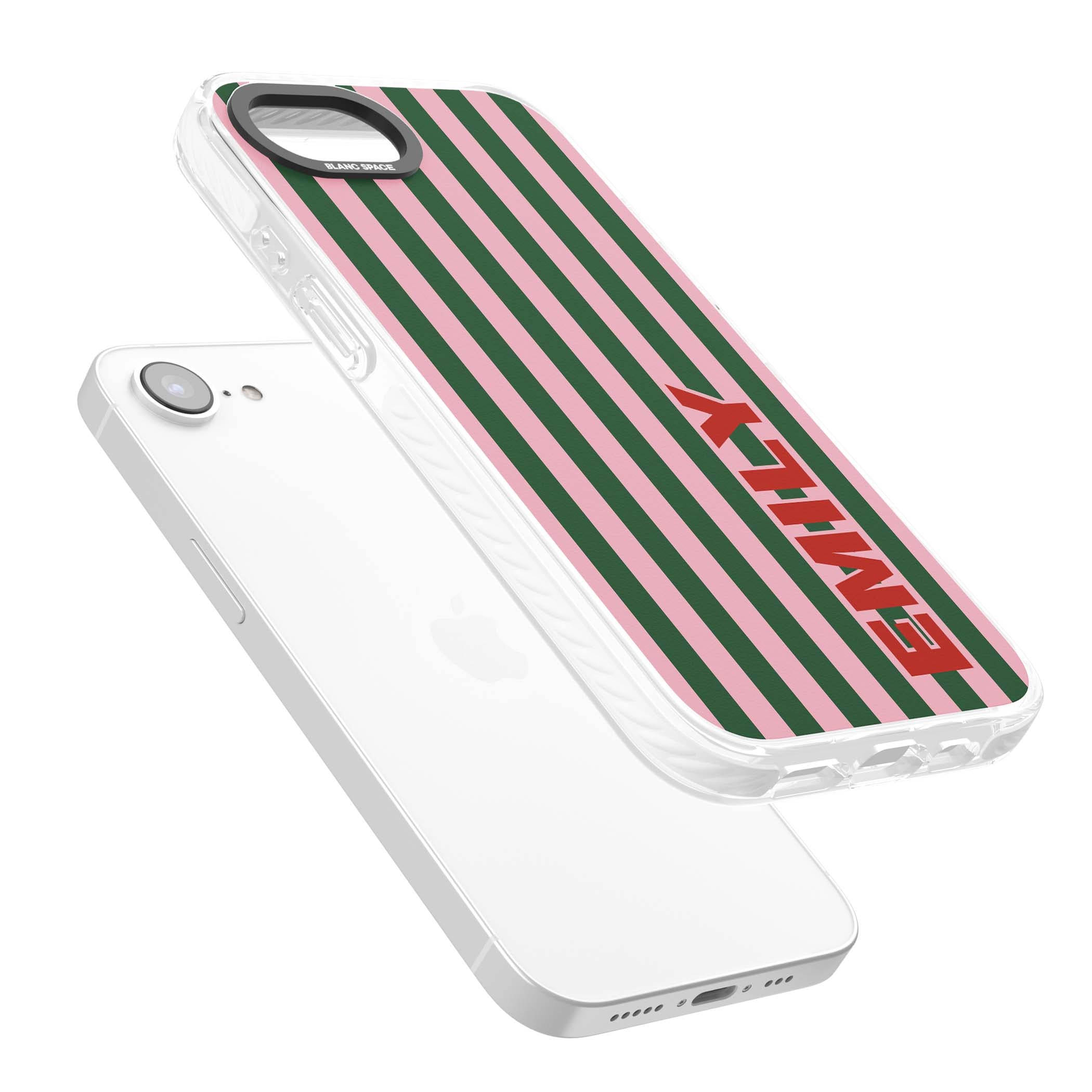 Italian Stripe preppy iPhone case featuring pink and green vertical stripes with personalised red name | Impact Magsafe case for iPhone 16e, iPhone 17e