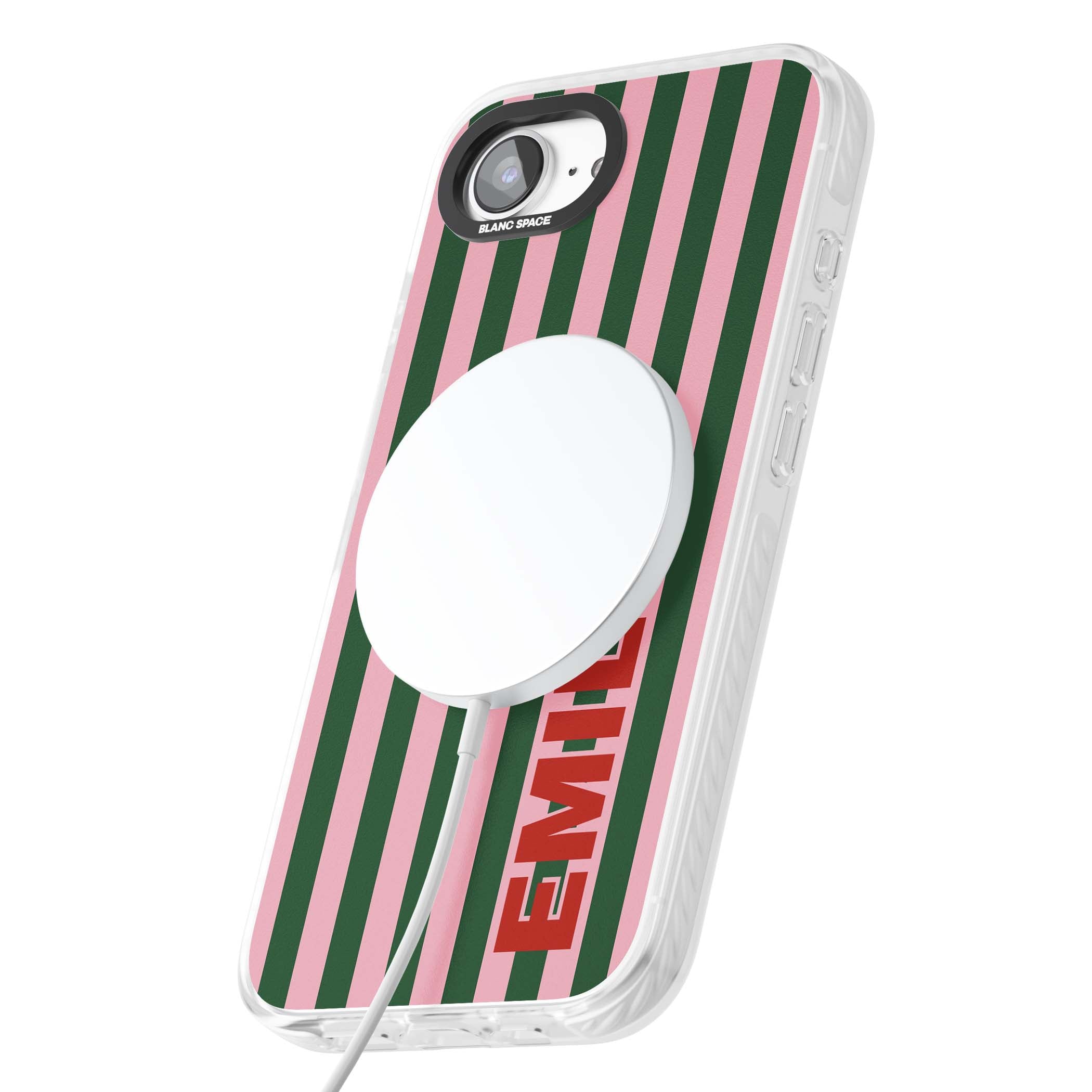 Italian Stripe preppy iPhone case featuring pink and green vertical stripes with personalised red name | Impact Magsafe case for iPhone 16e, iPhone 17e