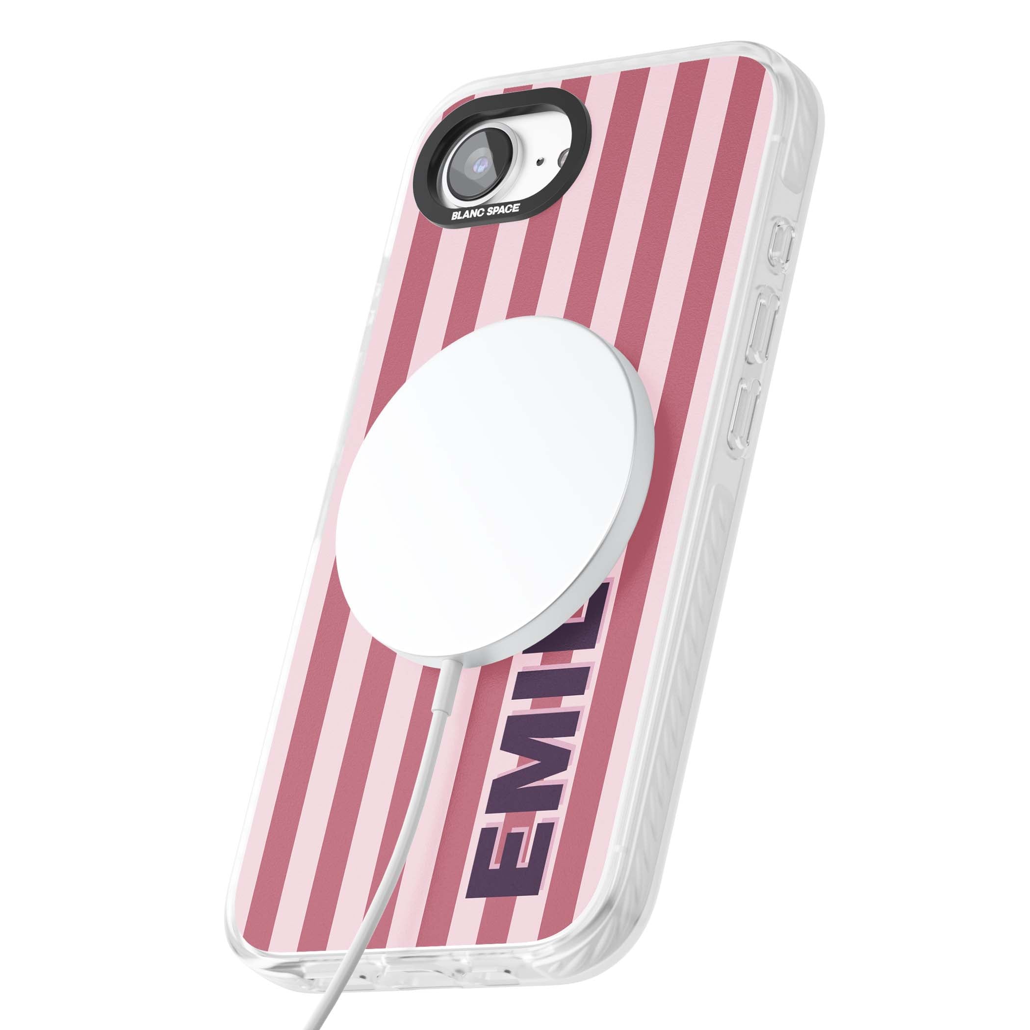 Victoria Stripe personalised iPhone case featuring pink vertical stripes and custom name in bold plum lettering | Impact Magsafe case for iPhone 16e, iPhone 17e