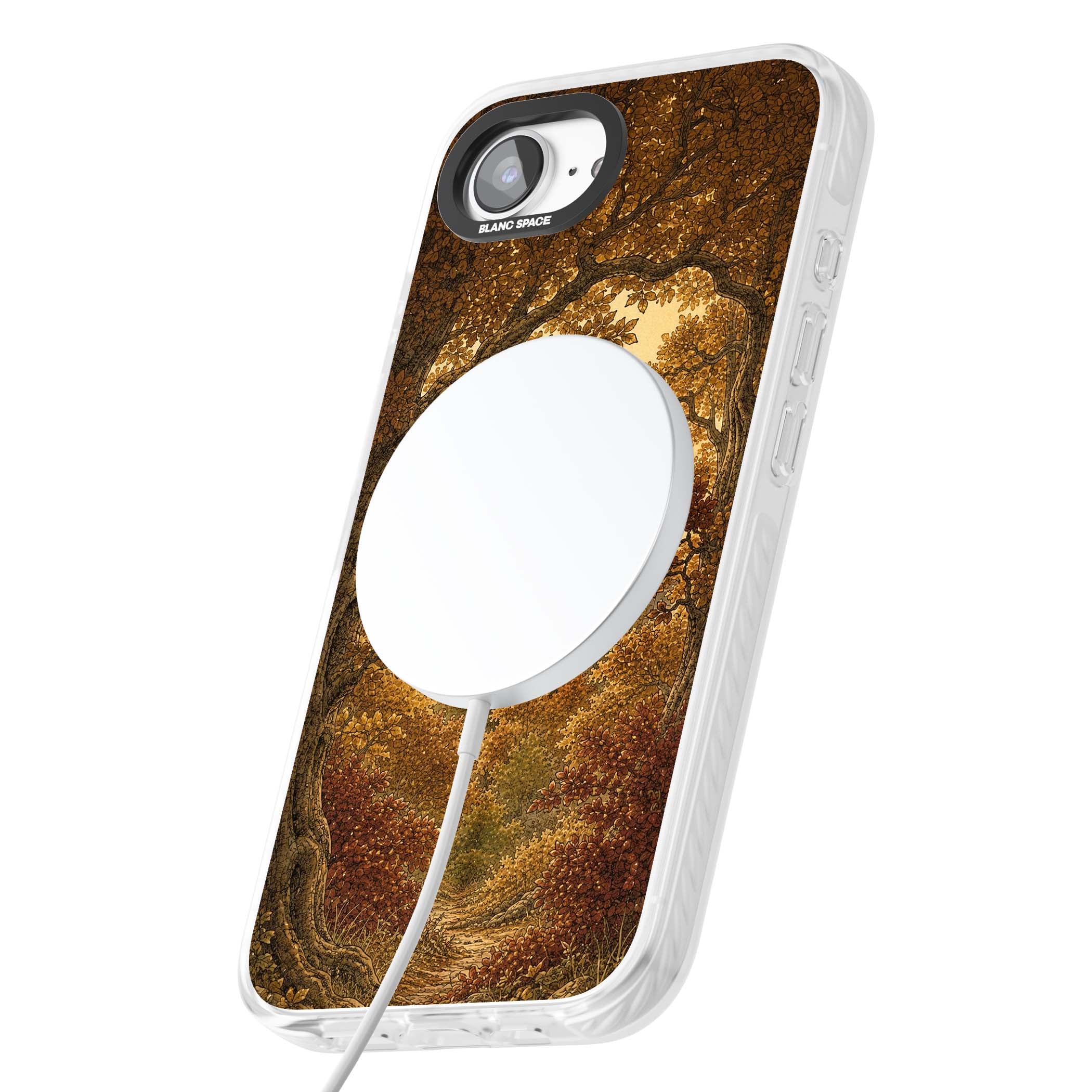 Autumn Keep cottagecore iPhone case featuring a medieval castle tower framed by golden autumn trees and woodland foliage | Impact Magsafe case for iPhone 16e, iPhone 17e