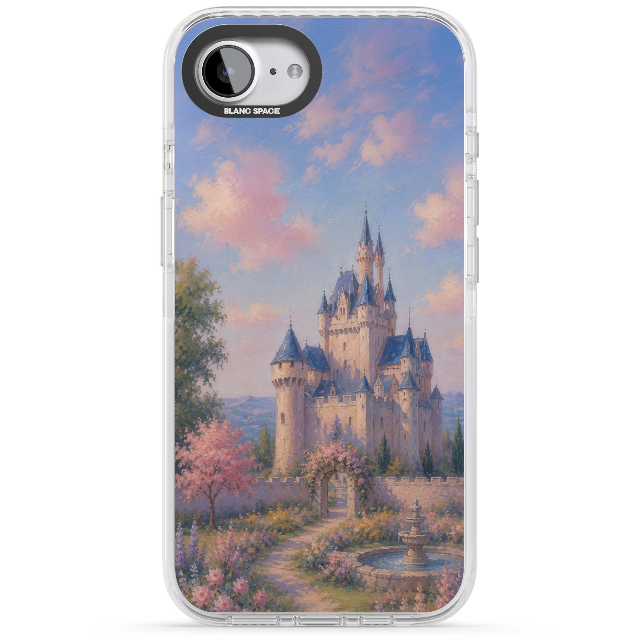 Enchanted Kingdom fairytale iPhone case featuring a romantic castle painting with cherry blossoms and pastel pink sky | Impact Magsafe case for iPhone 16e, iPhone 17e