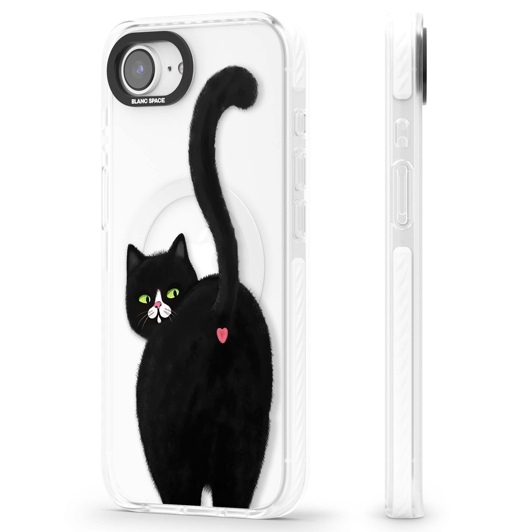 The Cat's Kiss cute cat iPhone case featuring a hand-painted tuxedo kitty with green eyes and a pink heart on a clear | Impact Magsafe case for iPhone 16e, iPhone 17e