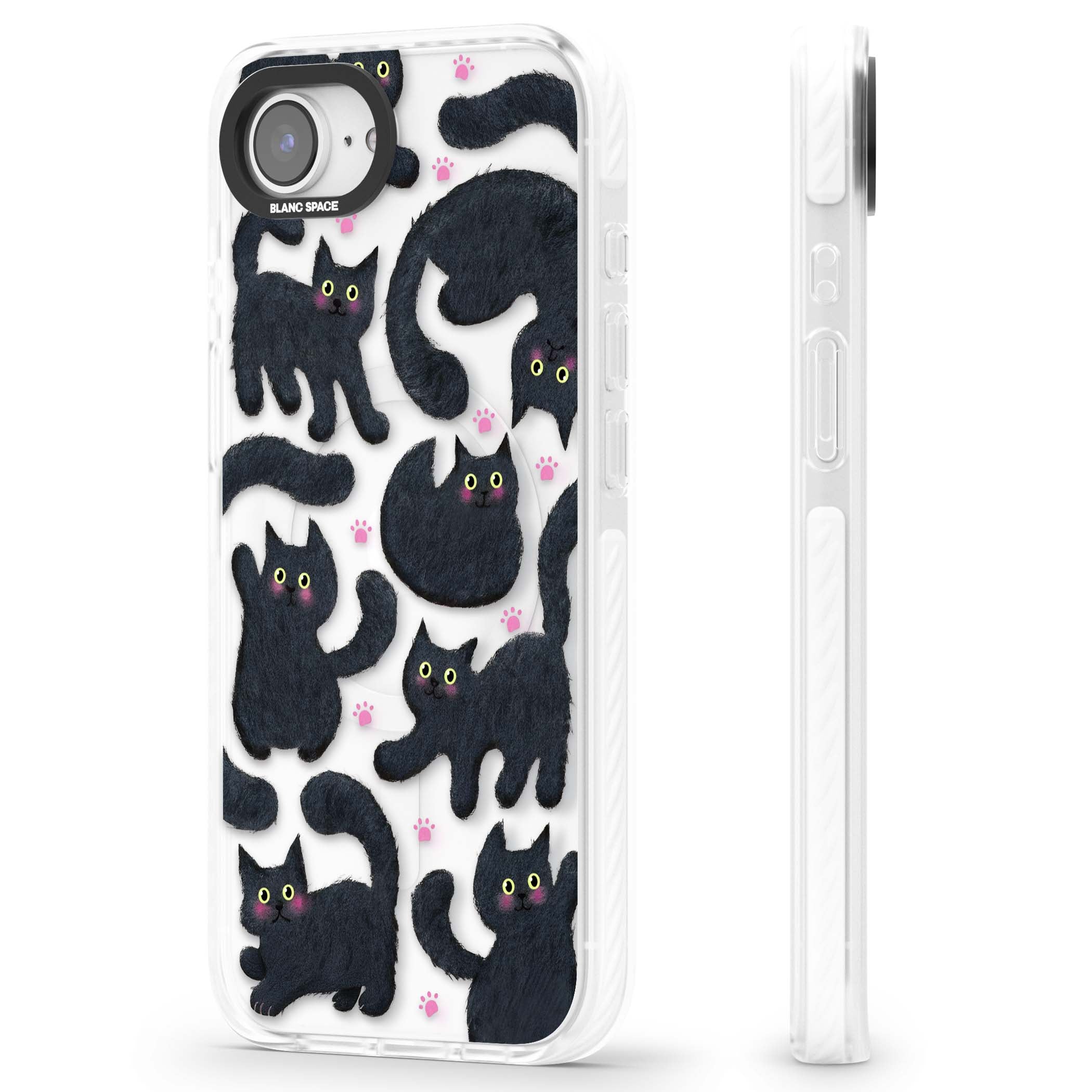 Midnight Cats cute iPhone case featuring black cat pattern with yellow eyes and pink paw prints | Impact Magsafe case for iPhone 16e, iPhone 17e