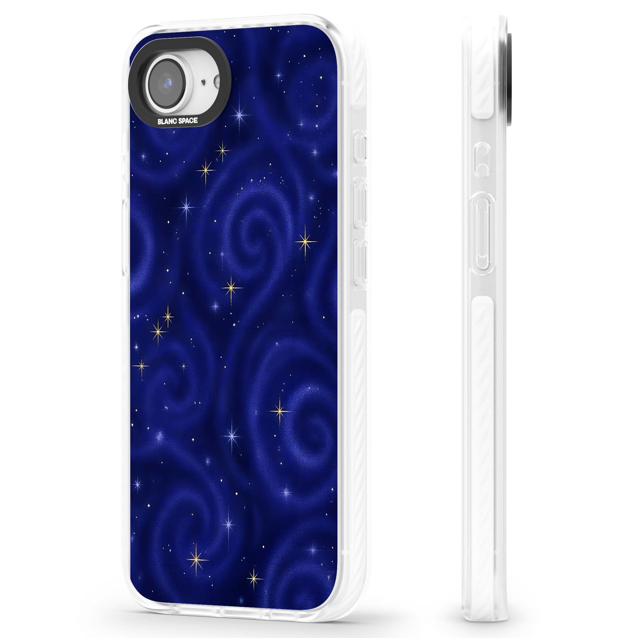 Indigo Cosmos celestial iPhone case featuring swirling navy night sky and sparkling golden stars | Impact Magsafe case for iPhone 16e, iPhone 17e