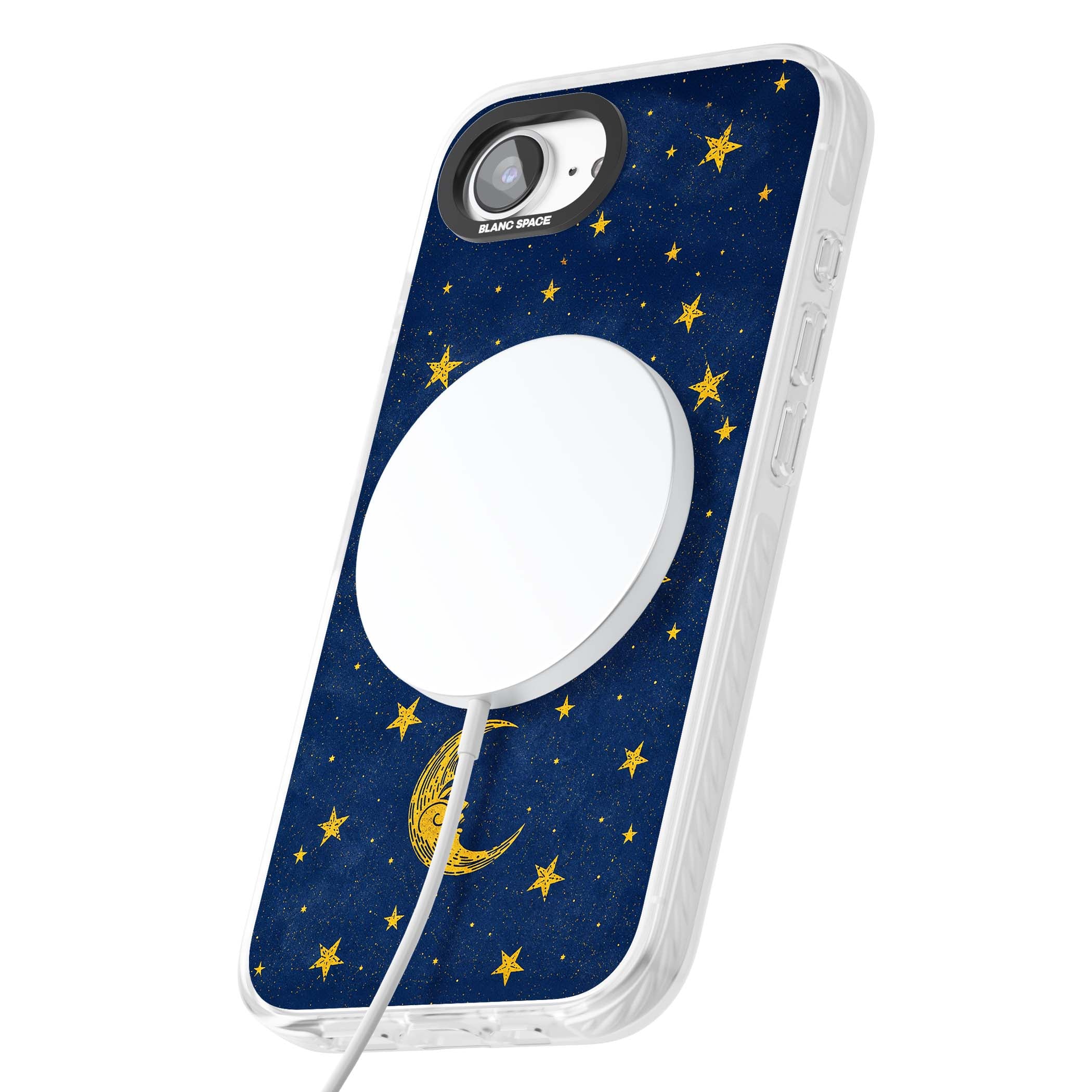 Sun & Moon Reverie celestial iPhone case featuring a vintage golden sun, crescent moon and scattered stars on midnight blue | Impact Magsafe case for iPhone 16e, iPhone 17e