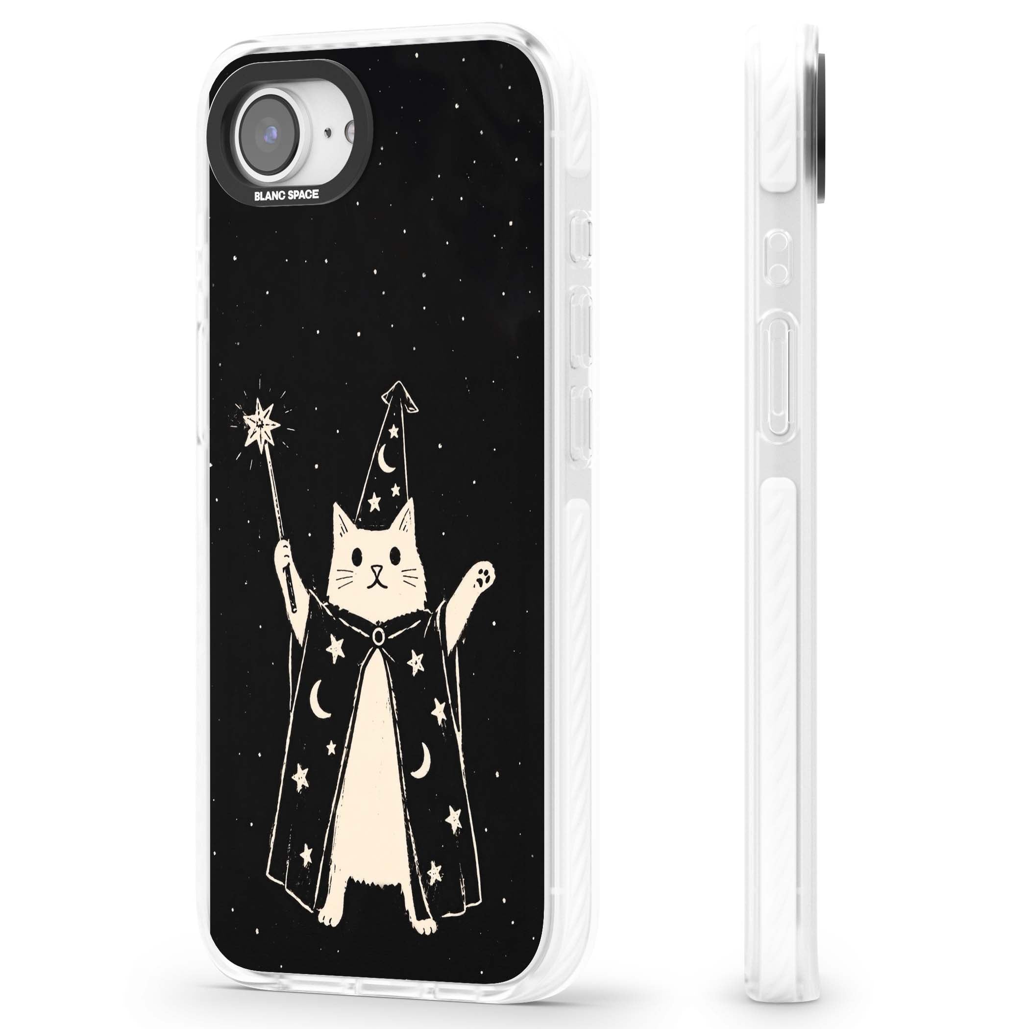 Whisker Wizard celestial cat iPhone case featuring a wizard cat with magic wand, starry night sky and crescent moons | Impact Magsafe case for iPhone 16e, iPhone 17e