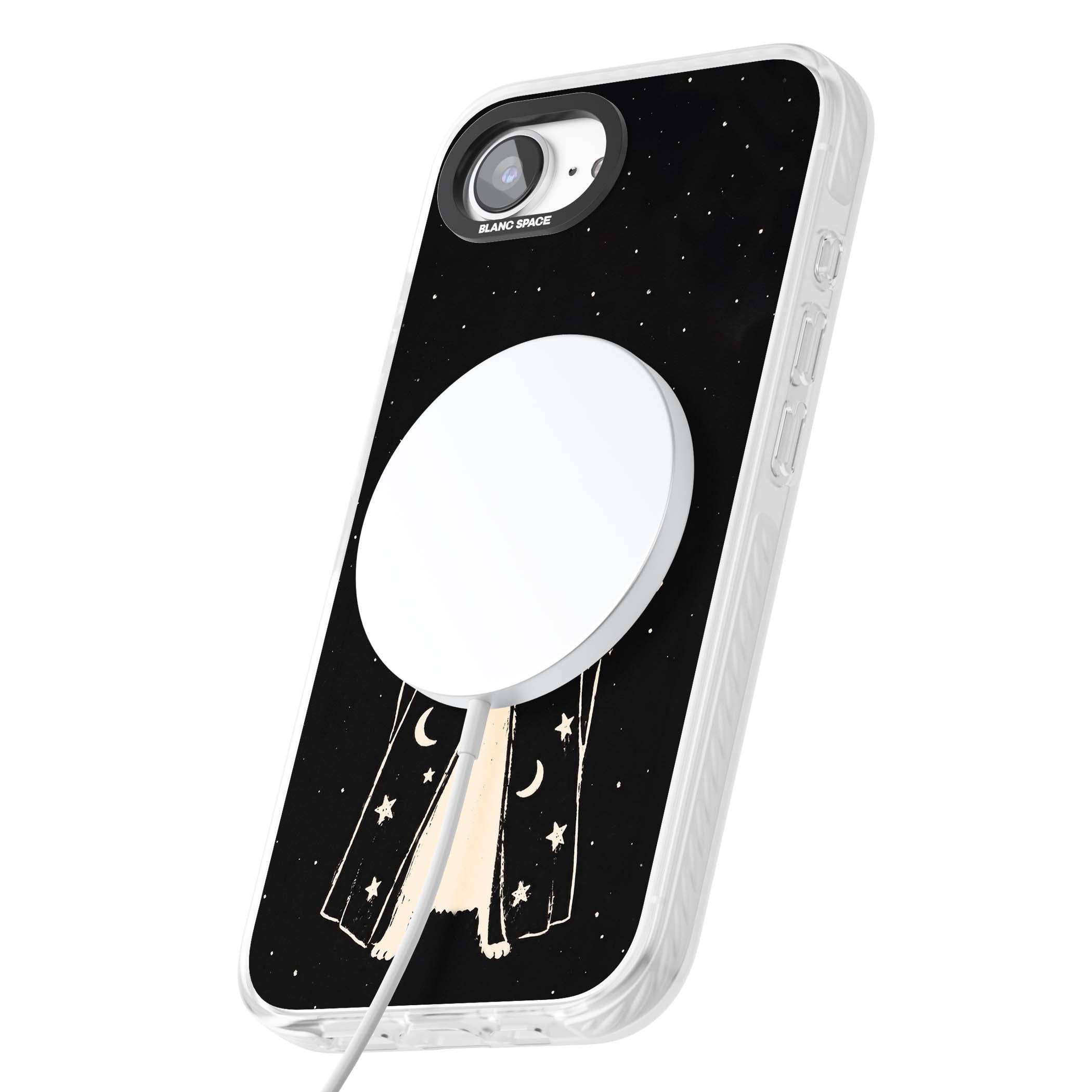 Whisker Wizard celestial cat iPhone case featuring a wizard cat with magic wand, starry night sky and crescent moons | Impact Magsafe case for iPhone 16e, iPhone 17e