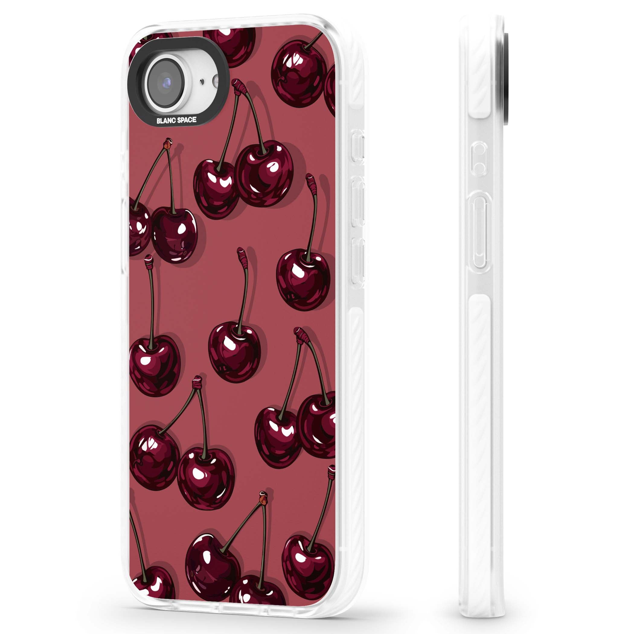 Cherry Rebel coquette iPhone case featuring glossy burgundy cherries on a dusty rose background | Impact Magsafe case for iPhone 16e, iPhone 17e