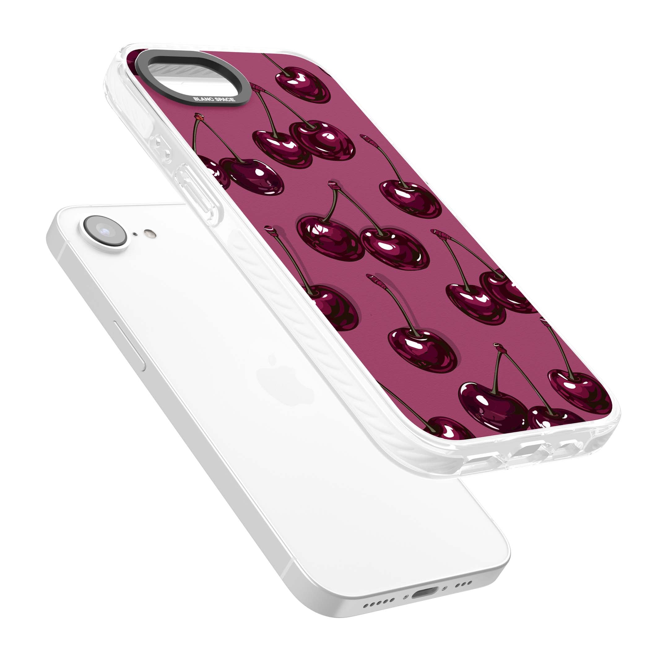 Cherry Soda coquette iPhone case featuring glossy burgundy cherries on a dusty pink background | Impact Magsafe case for iPhone 16e, iPhone 17e