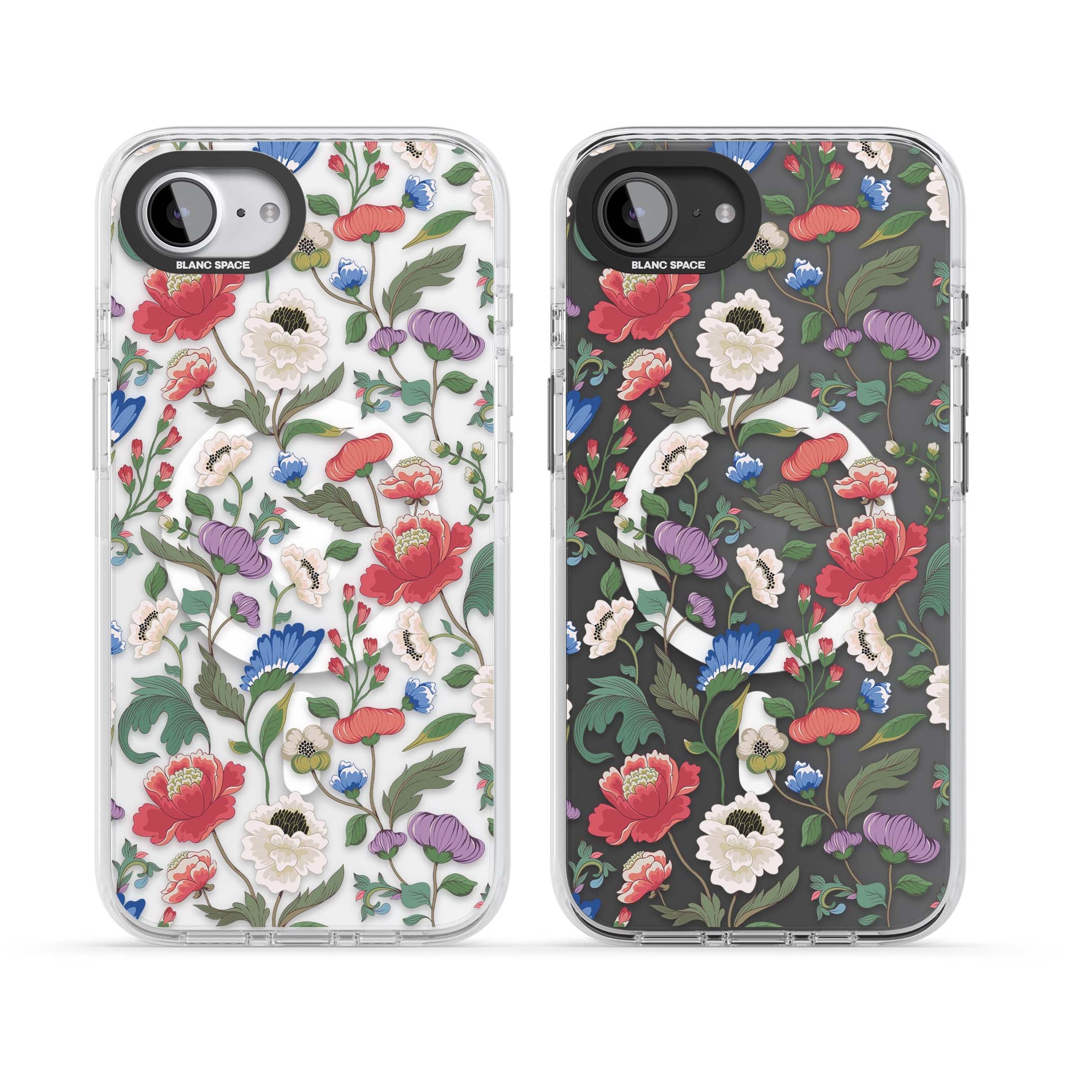 Chinoiserie Bloom vintage floral iPhone case featuring hand-painted peonies, poppies and trailing wildflowers on clear... | Impact Magsafe case for iPhone 16e, iPhone 17e