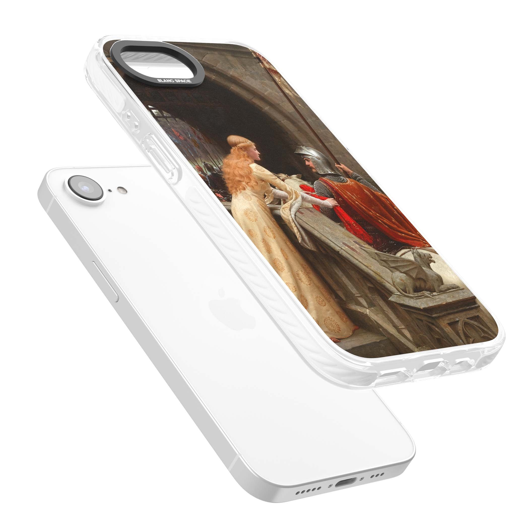 God Speed fine art iPhone case featuring Edmund Blair Leighton's medieval knight and lady beneath a stone archway | Impact Magsafe case for iPhone 16e, iPhone 17e