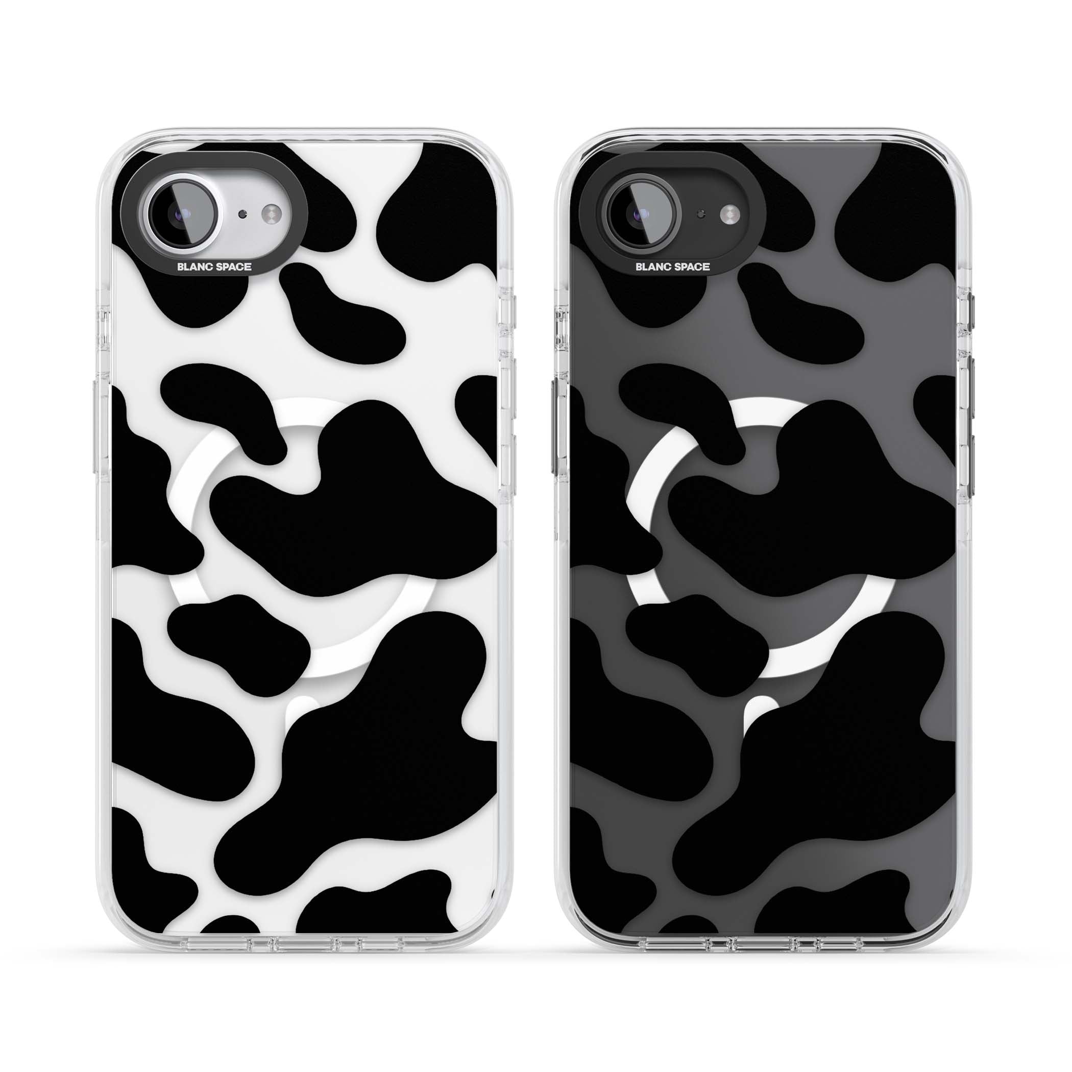 Clear Cow Print cow print iPhone case featuring black and white cow pattern splotches on a clear background | Impact Magsafe case for iPhone 16e, iPhone 17e