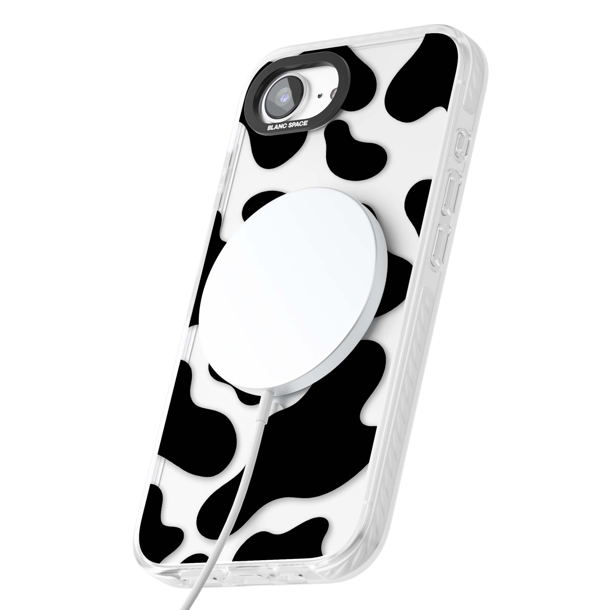Clear Cow Print cow print iPhone case featuring black and white cow pattern splotches on a clear background | Impact Magsafe case for iPhone 16e, iPhone 17e