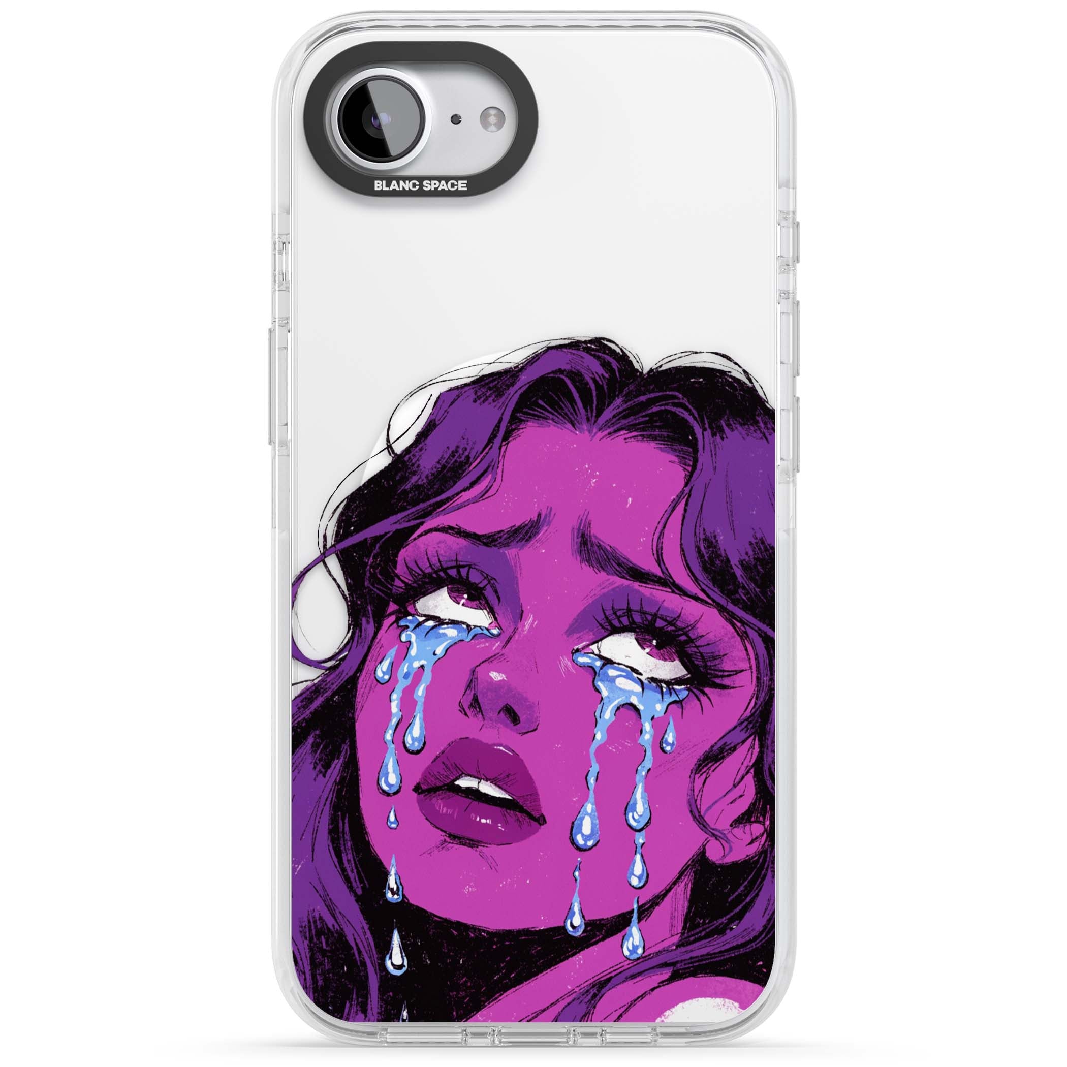 Drama Queen pop art iPhone case featuring a purple crying comic girl with blue tears | Impact Magsafe case for iPhone 16e, iPhone 17e