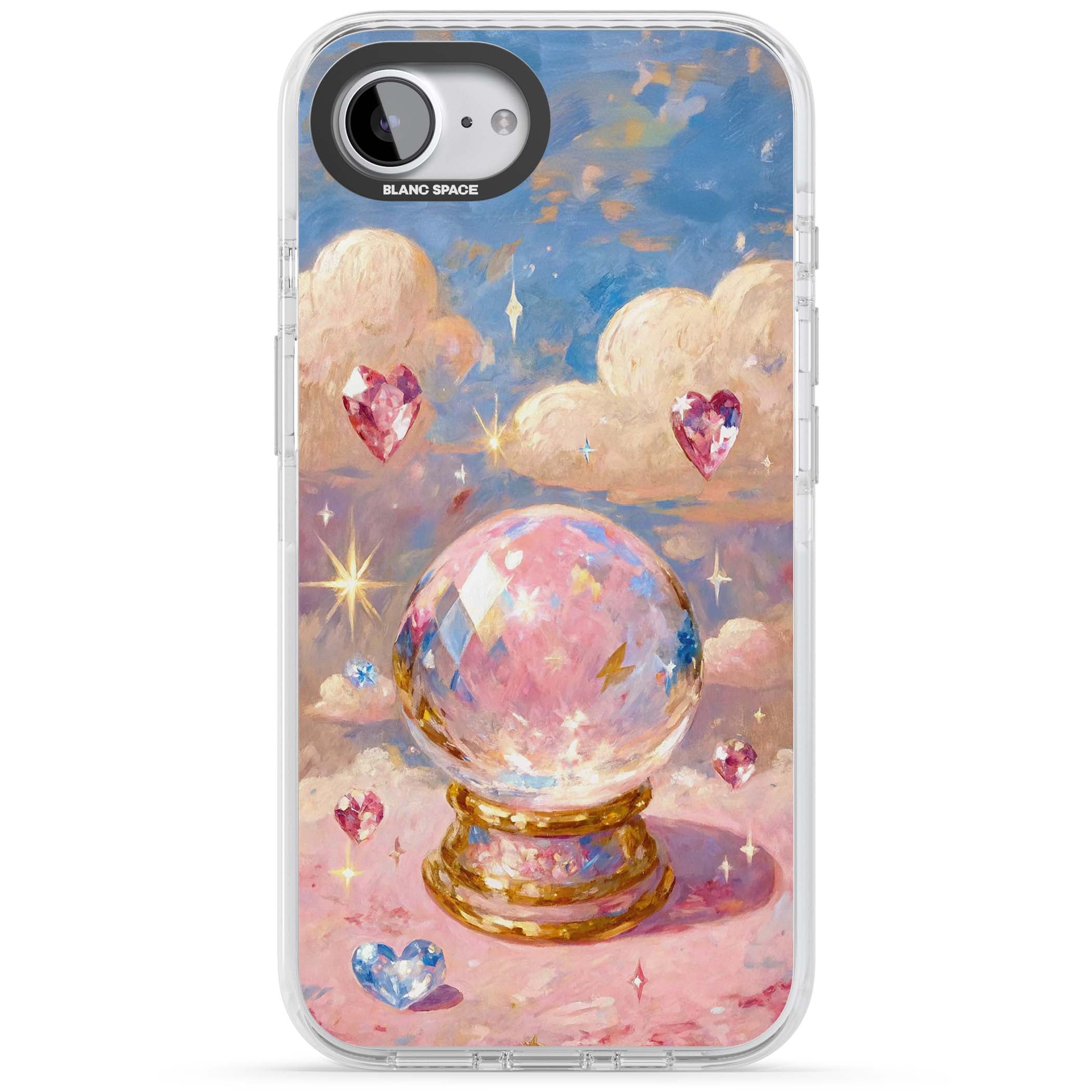 Crystal Ball fairycore iPhone case featuring a painted crystal ball, heart gemstones, and pastel clouds | Impact Magsafe case for iPhone 16e, iPhone 17e