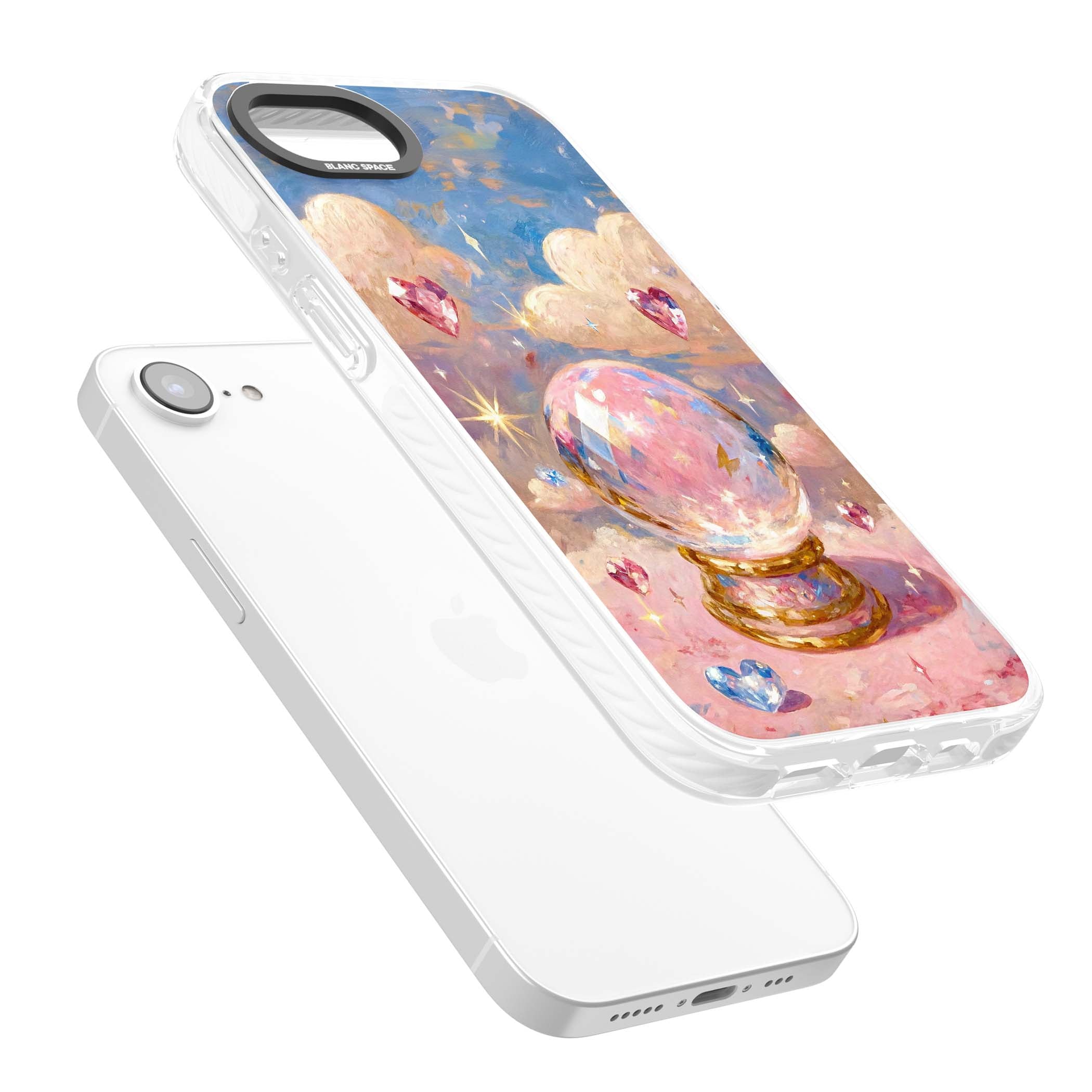 Crystal Ball fairycore iPhone case featuring a painted crystal ball, heart gemstones, and pastel clouds | Impact Magsafe case for iPhone 16e, iPhone 17e