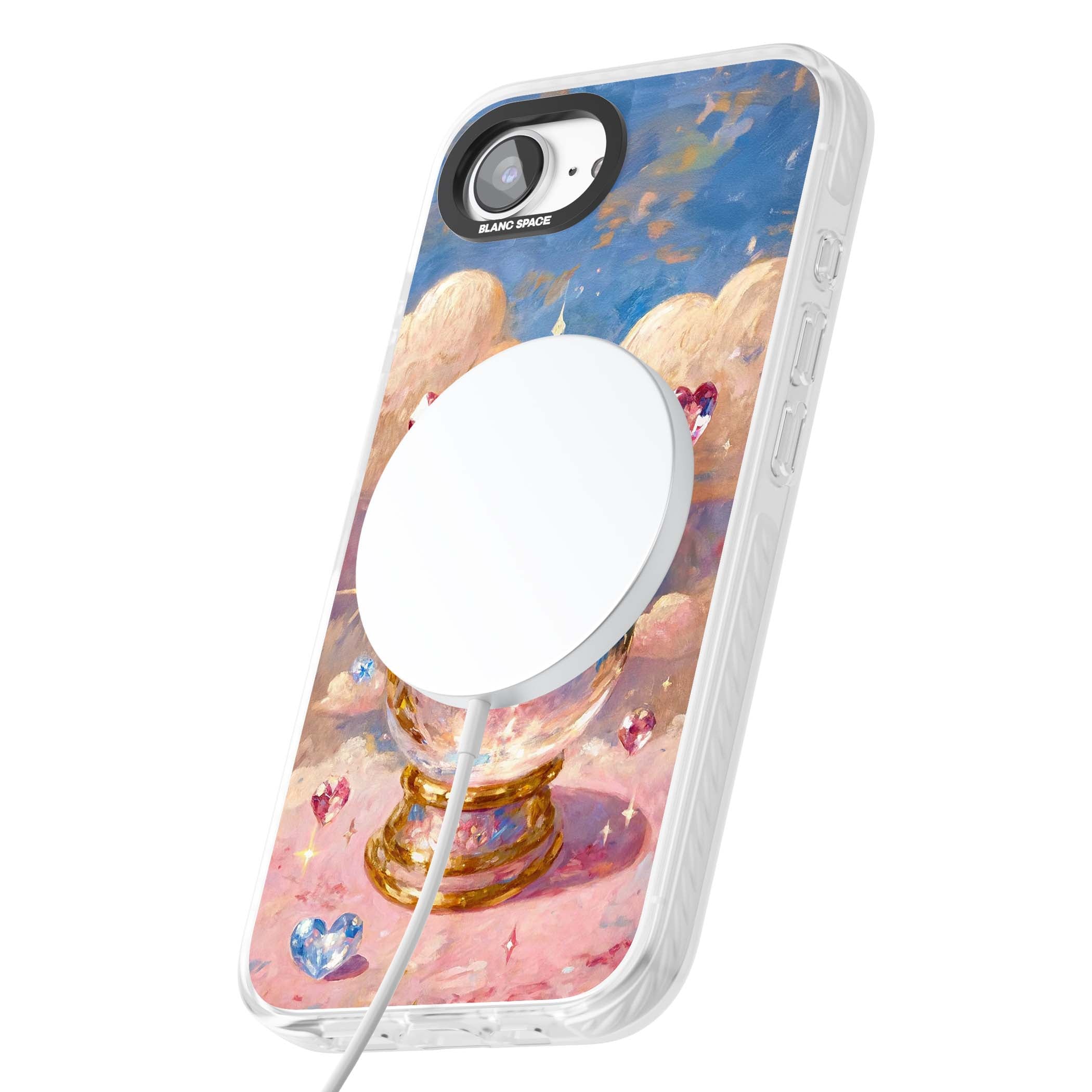 Crystal Ball fairycore iPhone case featuring a painted crystal ball, heart gemstones, and pastel clouds | Impact Magsafe case for iPhone 16e, iPhone 17e