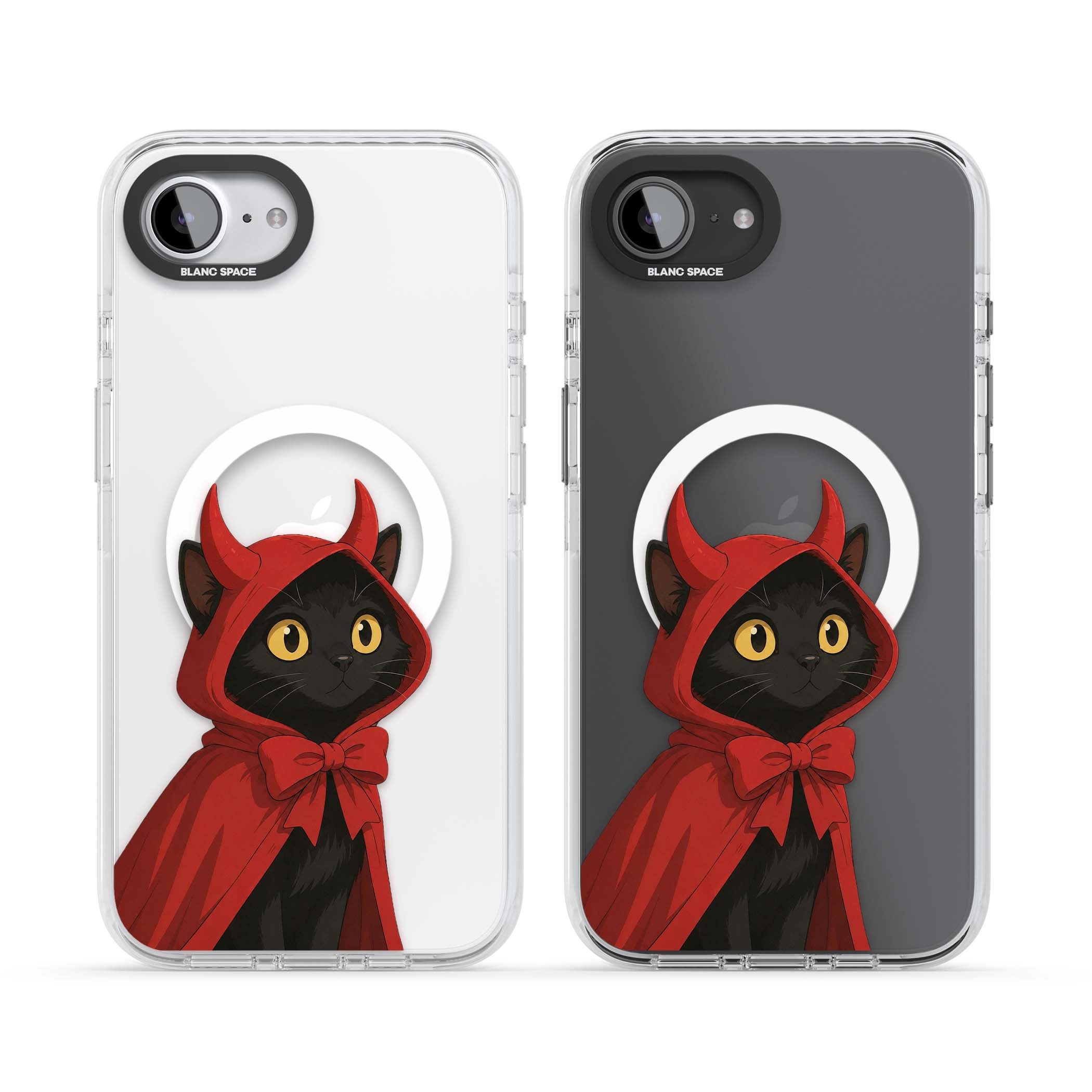 Little Devil halloween iPhone case featuring a black cat in a red hooded devil cloak with horns and golden eyes | Impact Magsafe case for iPhone 16e, iPhone 17e