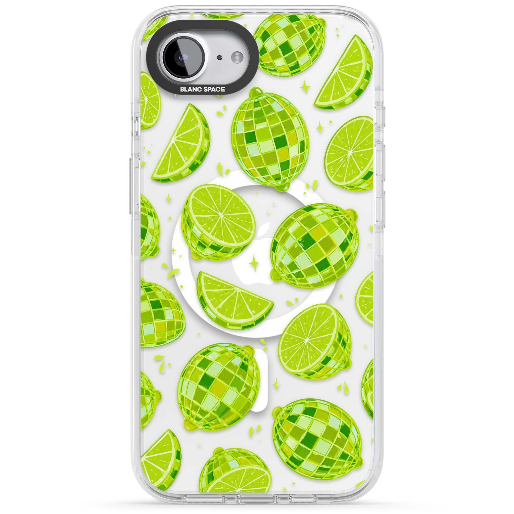 Disco Limes fruit aesthetic iPhone case featuring green disco balls, lime slices and citrus sparkles | Impact Magsafe case for iPhone 16e, iPhone 17e