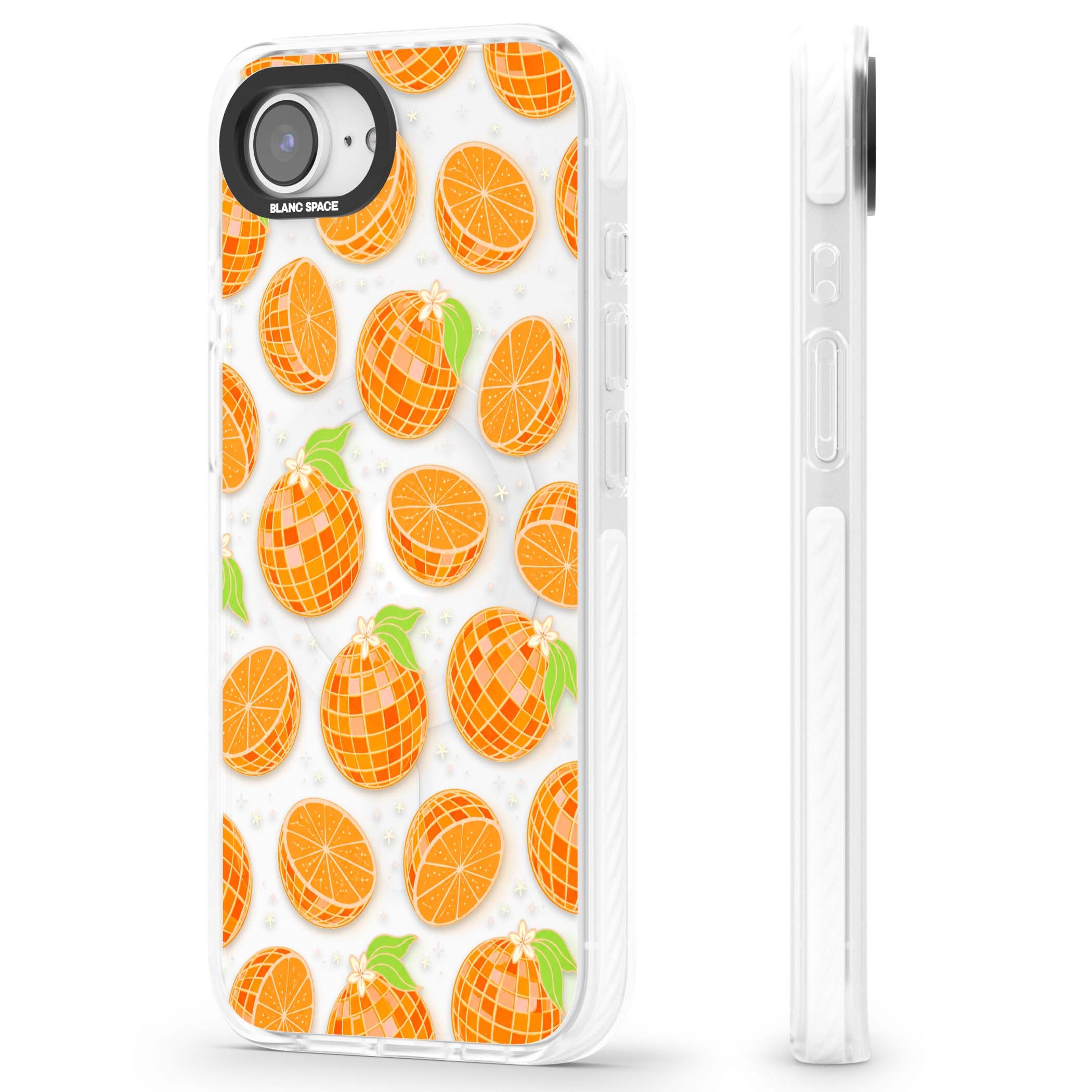 Disco Oranges retro iPhone case featuring mirrorball oranges, citrus slices and tiny blossoms on clear | Impact Magsafe case for iPhone 16e, iPhone 17e