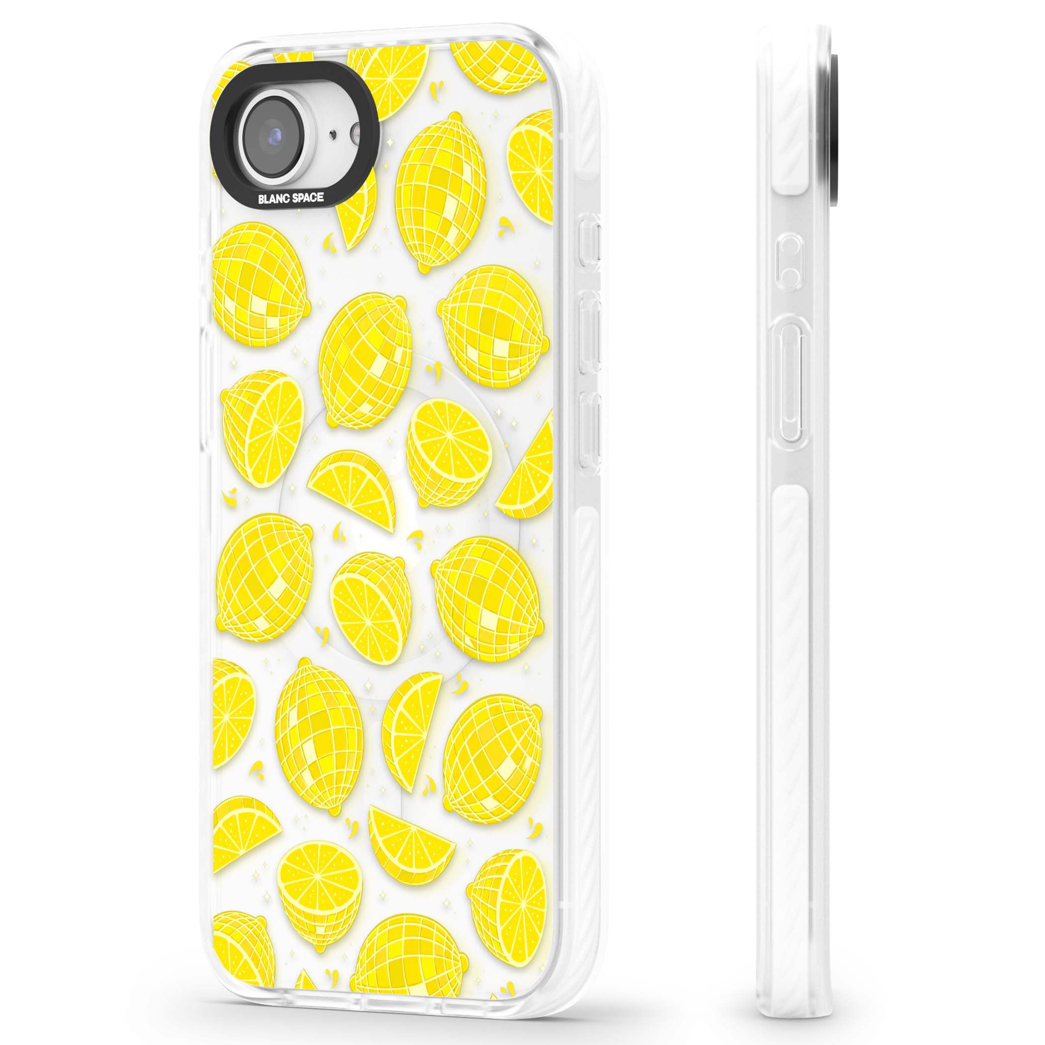 Disco Lemons citrus iPhone case featuring mirrorball lemons, sliced fruit and sparkle accents | Impact Magsafe case for iPhone 16e, iPhone 17e