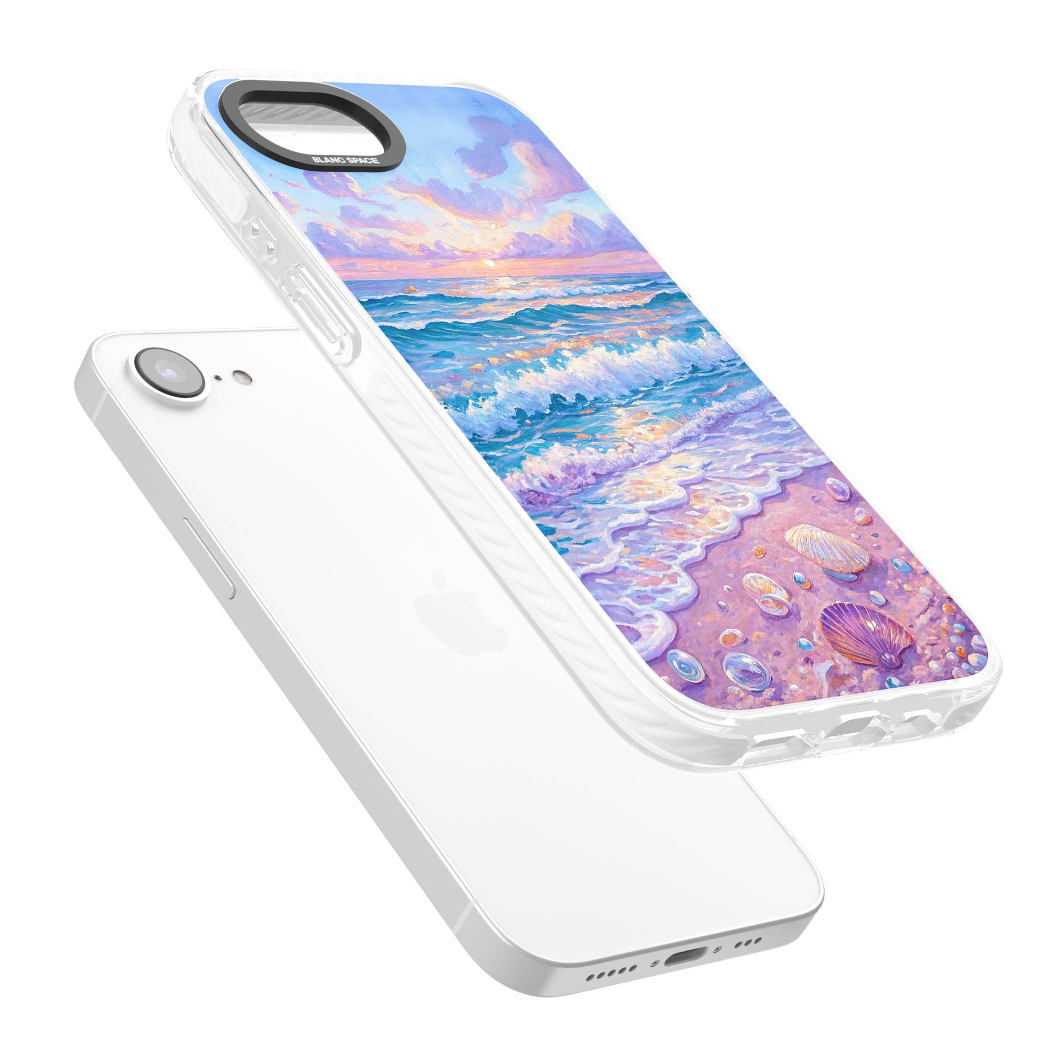 Pearl Shore coastal iPhone case featuring pastel painted waves, seashells, and a sunrise sky over a lavender beach. | Impact Magsafe case for iPhone 16e, iPhone 17e