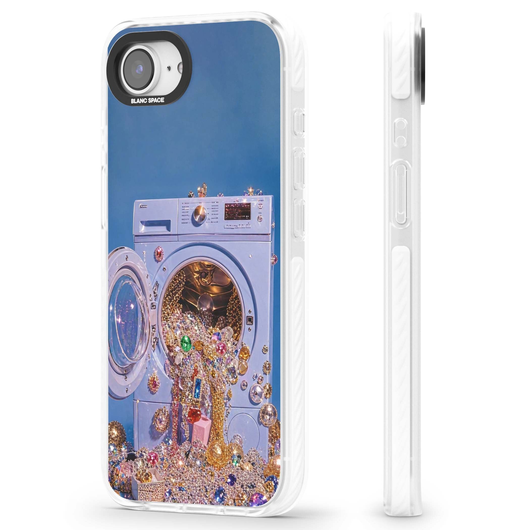 Gem Laundry baddie iPhone case featuring a surreal washing machine overflowing with colourful gemstones and crystals | Impact Magsafe case for iPhone 16e, iPhone 17e
