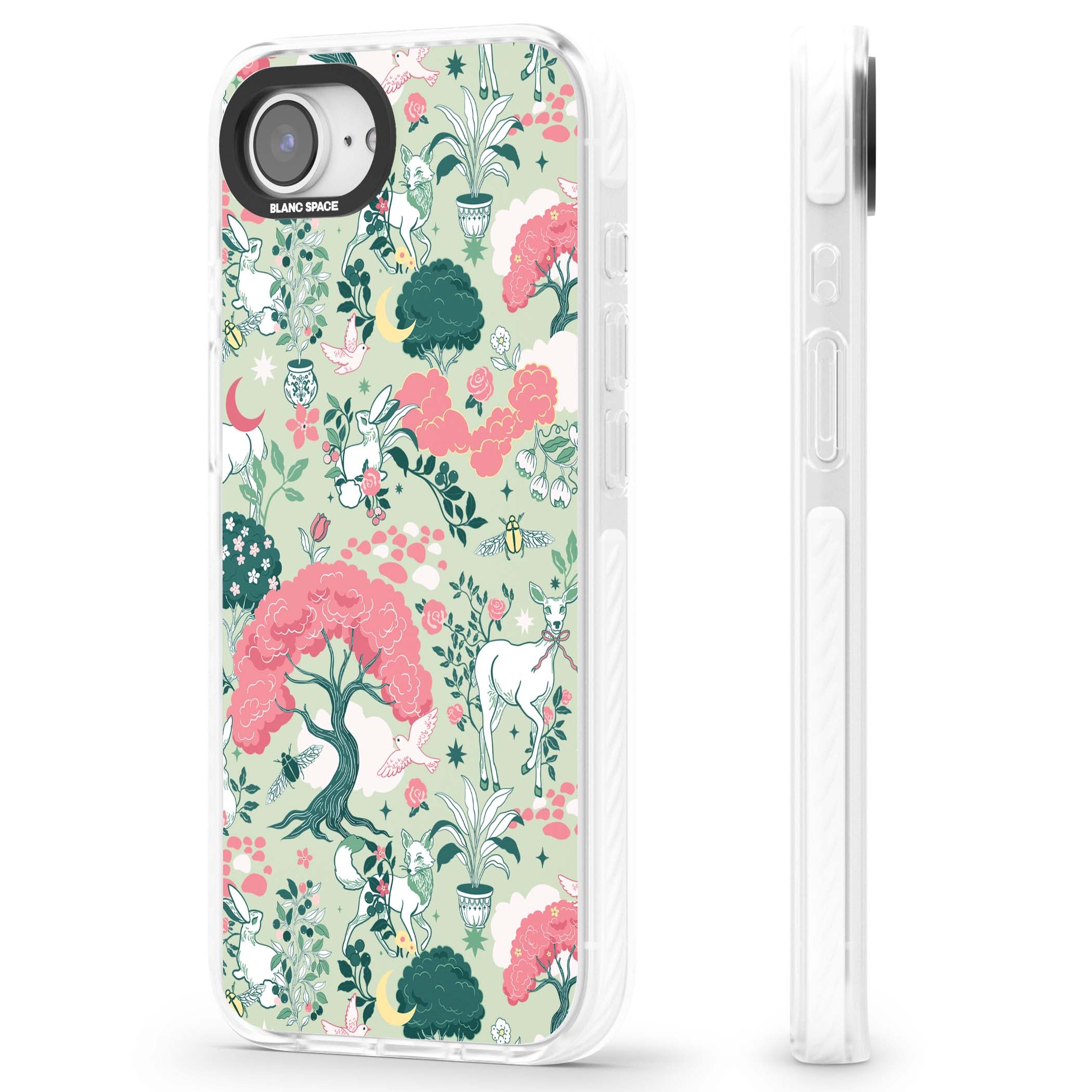 Enchanted Woodland cottagecore iPhone case featuring white deer, pink roses, mushrooms and woodland animals on sage green | Impact Magsafe case for iPhone 16e, iPhone 17e
