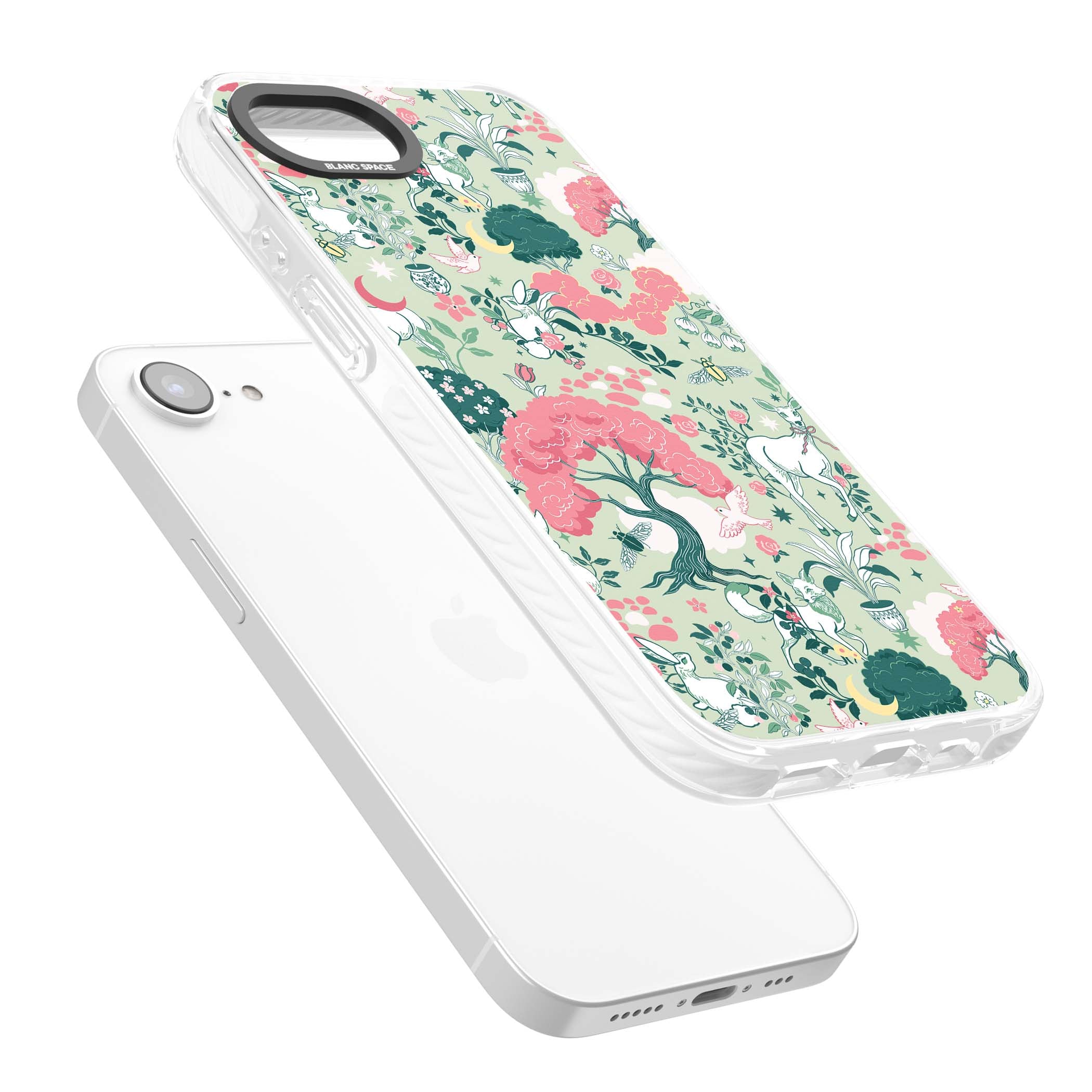 Enchanted Woodland cottagecore iPhone case featuring white deer, pink roses, mushrooms and woodland animals on sage green | Impact Magsafe case for iPhone 16e, iPhone 17e