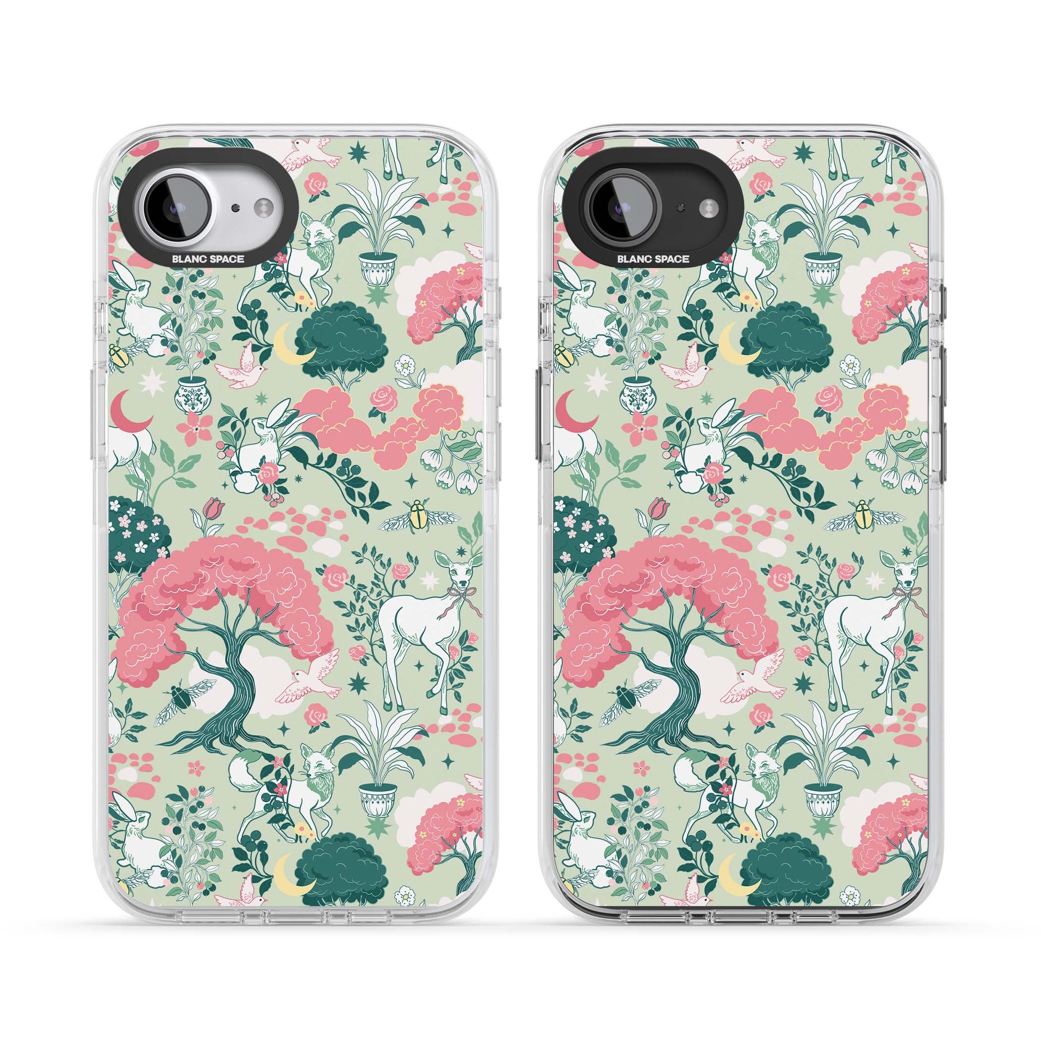 Enchanted Woodland cottagecore iPhone case featuring white deer, pink roses, mushrooms and woodland animals on sage green | Impact Magsafe case for iPhone 16e, iPhone 17e
