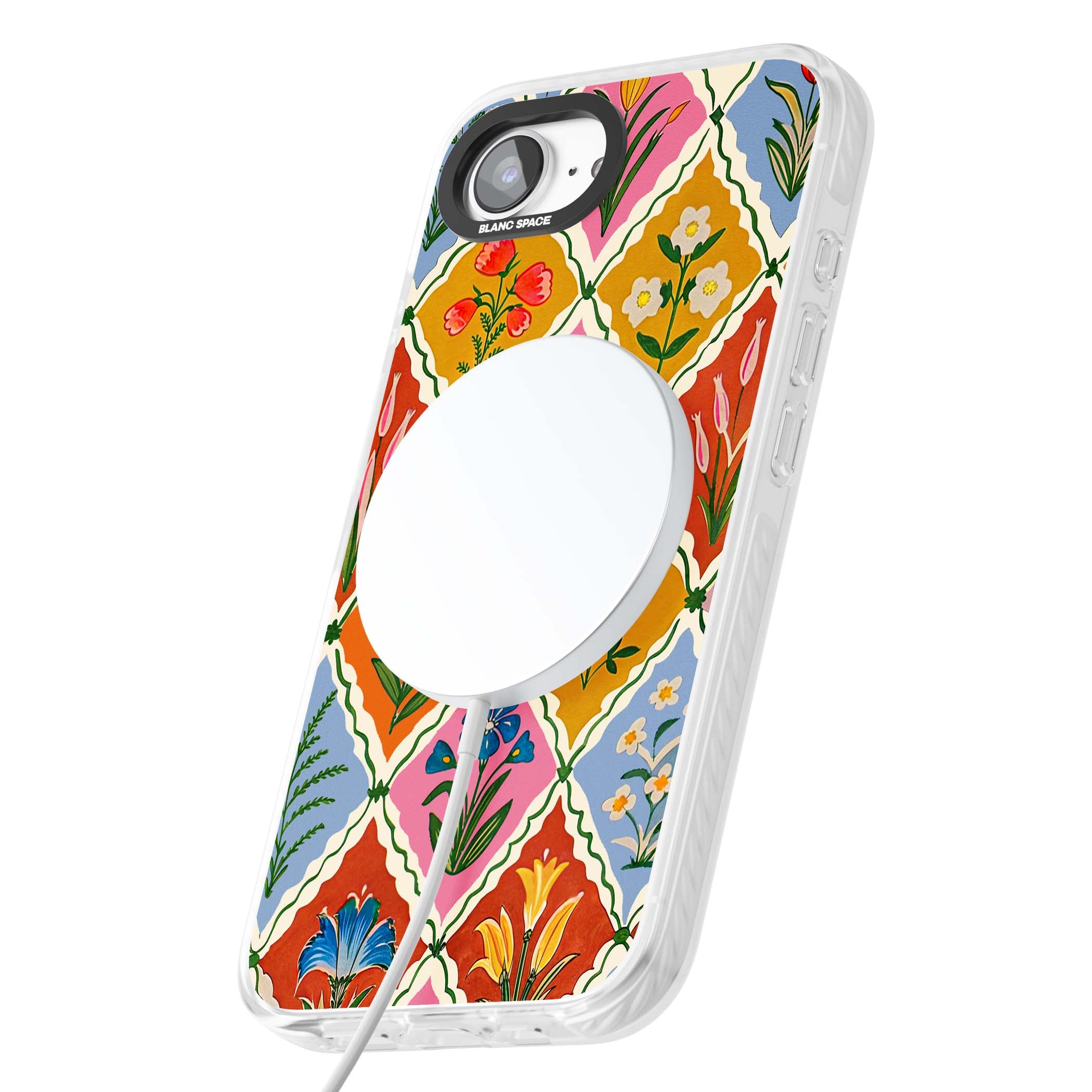 Floral Quilt boho floral iPhone case featuring diamond lattice pattern, hand-painted tulips and folk art wildflowers | Impact Magsafe case for iPhone 16e, iPhone 17e