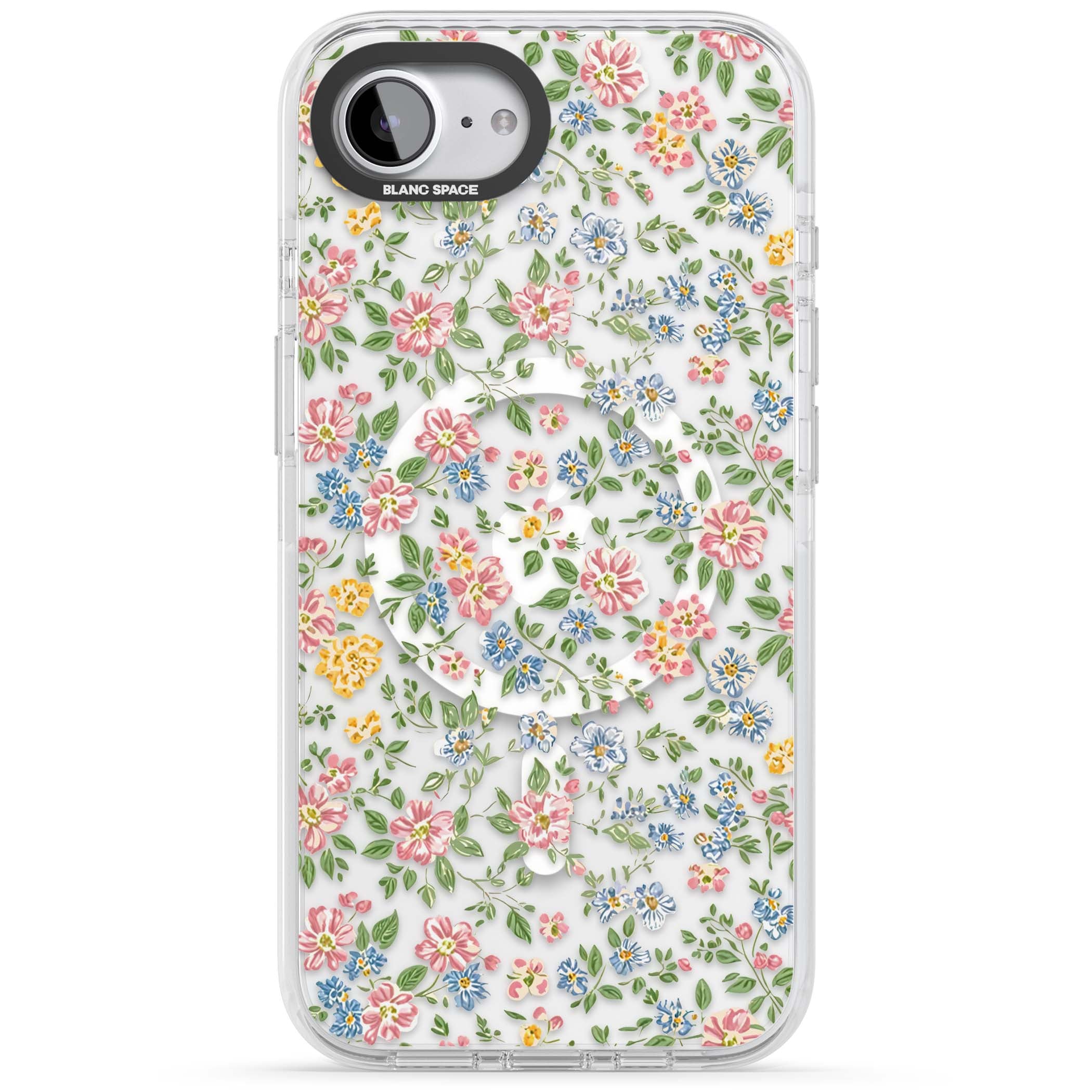 Soft Meadow cottagecore iPhone case featuring pink cosmos, blue forget-me-nots, yellow buttercups and green leaves sca | Impact Magsafe case for iPhone 16e, iPhone 17e