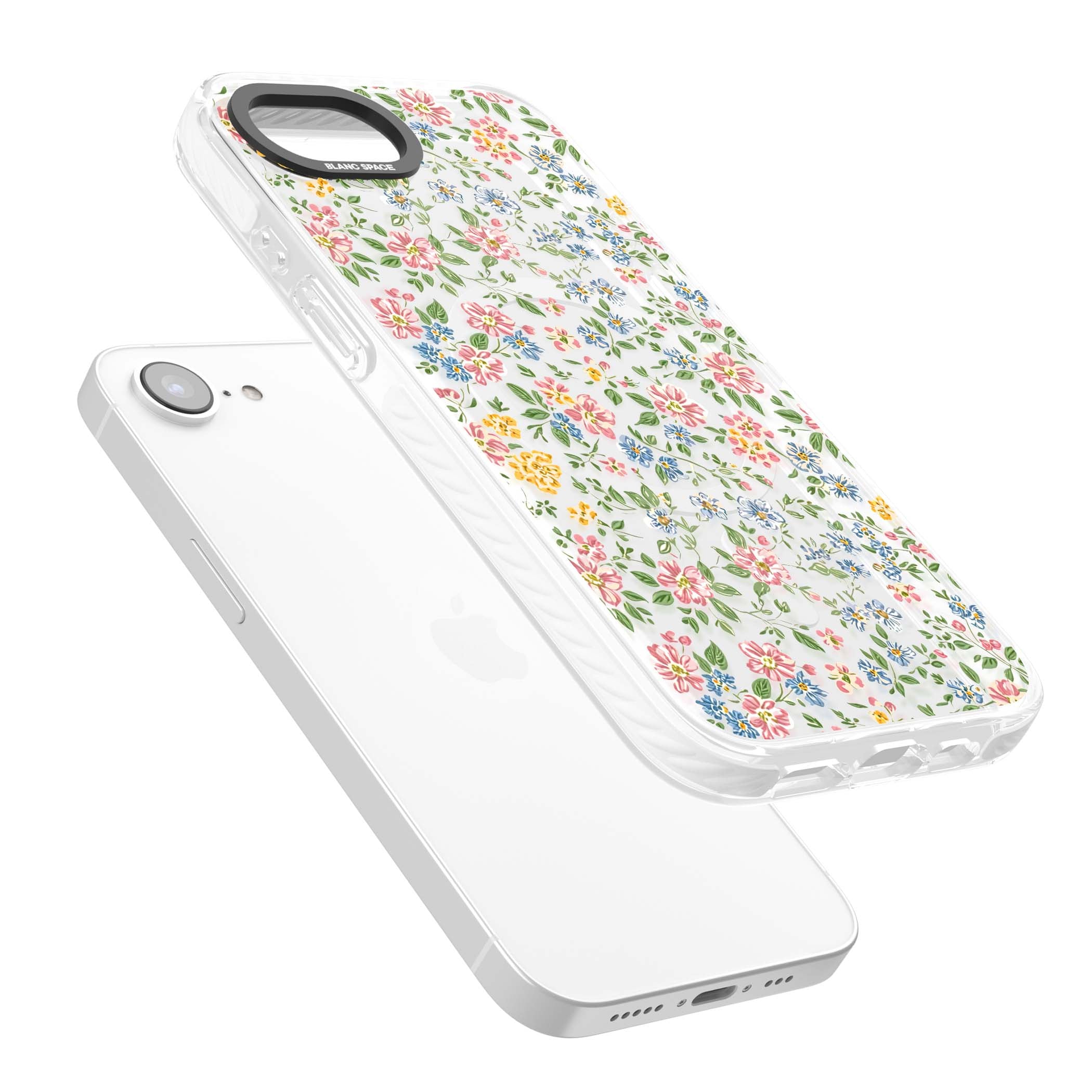 Soft Meadow cottagecore iPhone case featuring pink cosmos, blue forget-me-nots, yellow buttercups and green leaves sca | Impact Magsafe case for iPhone 16e, iPhone 17e