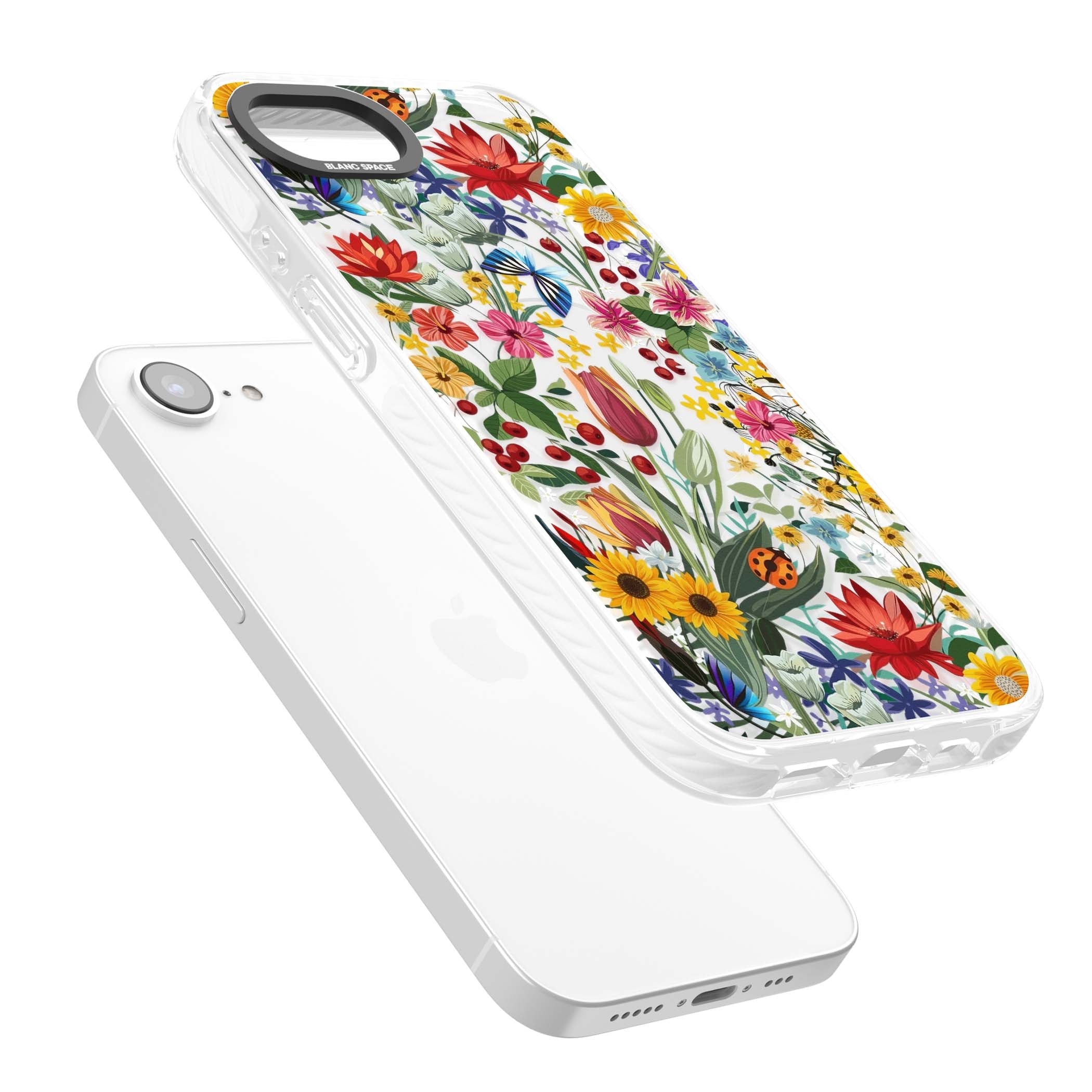 Botanical Bloom cottagecore iPhone case featuring colorful wildflowers, sunflowers, and ladybugs on clear background | Impact Magsafe case for iPhone 16e, iPhone 17e