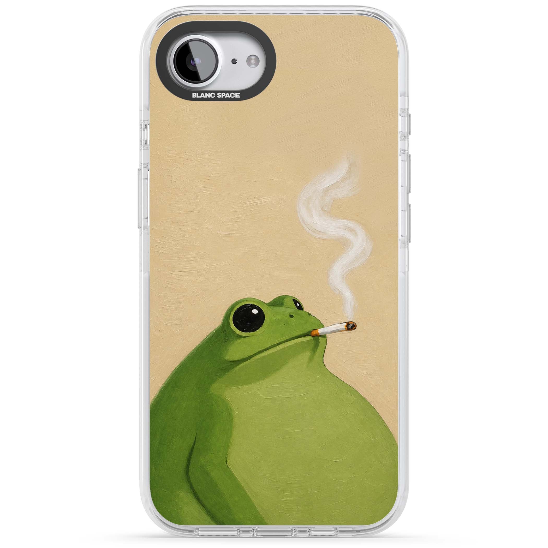 The Smoking Frog cottagecore iPhone case featuring a hand-painted green frog smoking a cigarette on a cream oil painting back | Impact Magsafe case for iPhone 16e, iPhone 17e