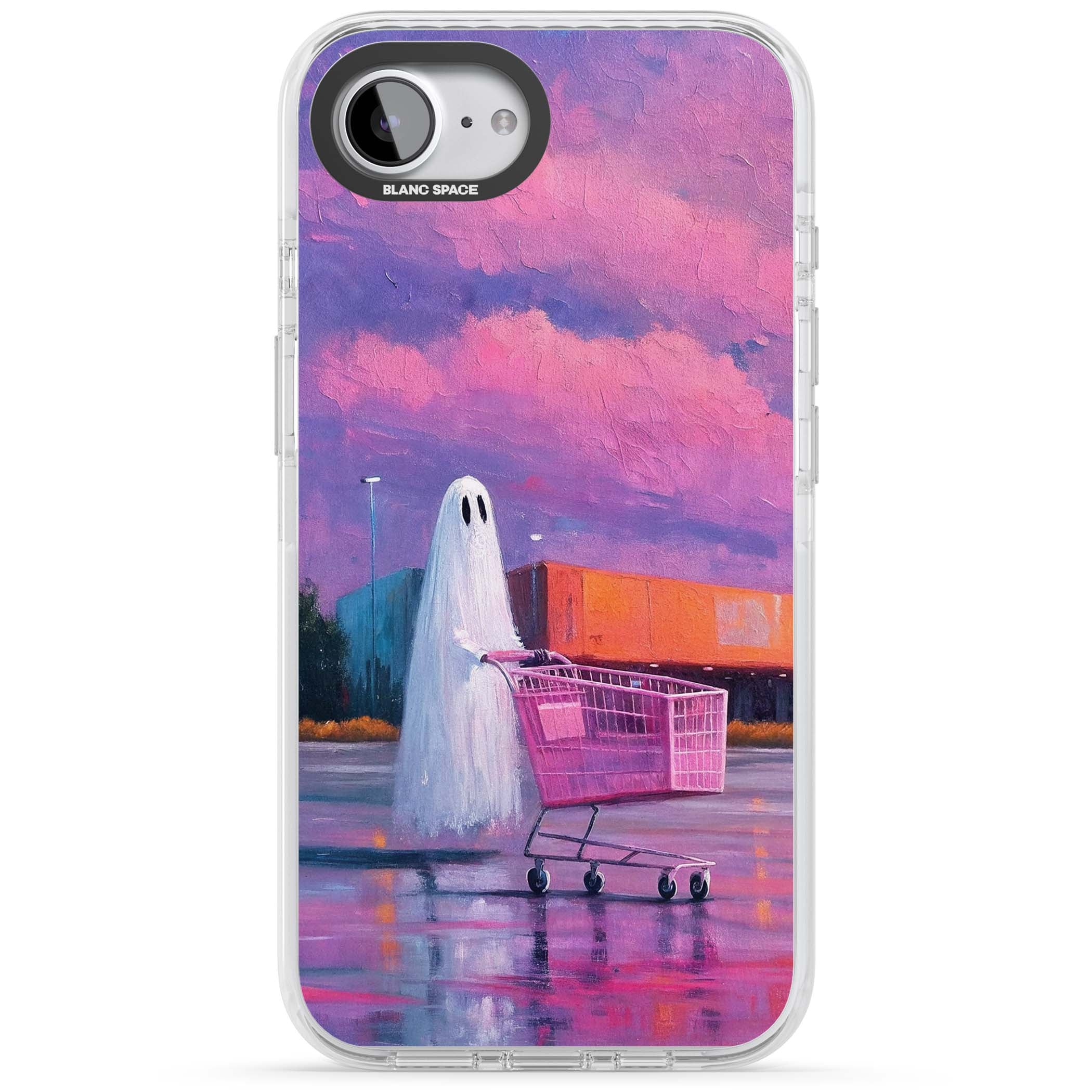 A Ghost's Errand ghost halloween iPhone case featuring a painted ghost, pink shopping trolley and purple sunset sky | Impact Magsafe case for iPhone 16e, iPhone 17e