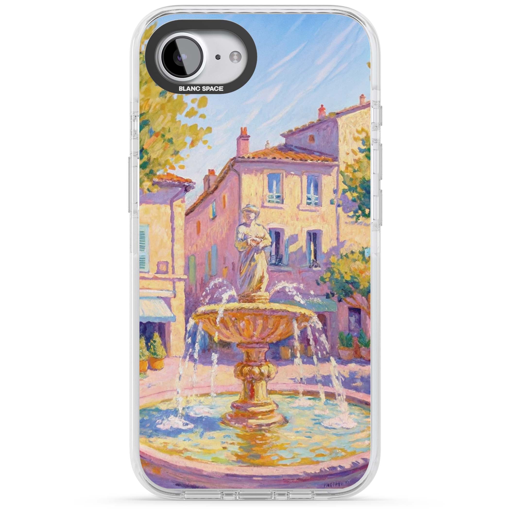 Fountain Square fine art iPhone case featuring an impressionist Provençal fountain, pastel village buildings and summe | Impact Magsafe case for iPhone 16e, iPhone 17e