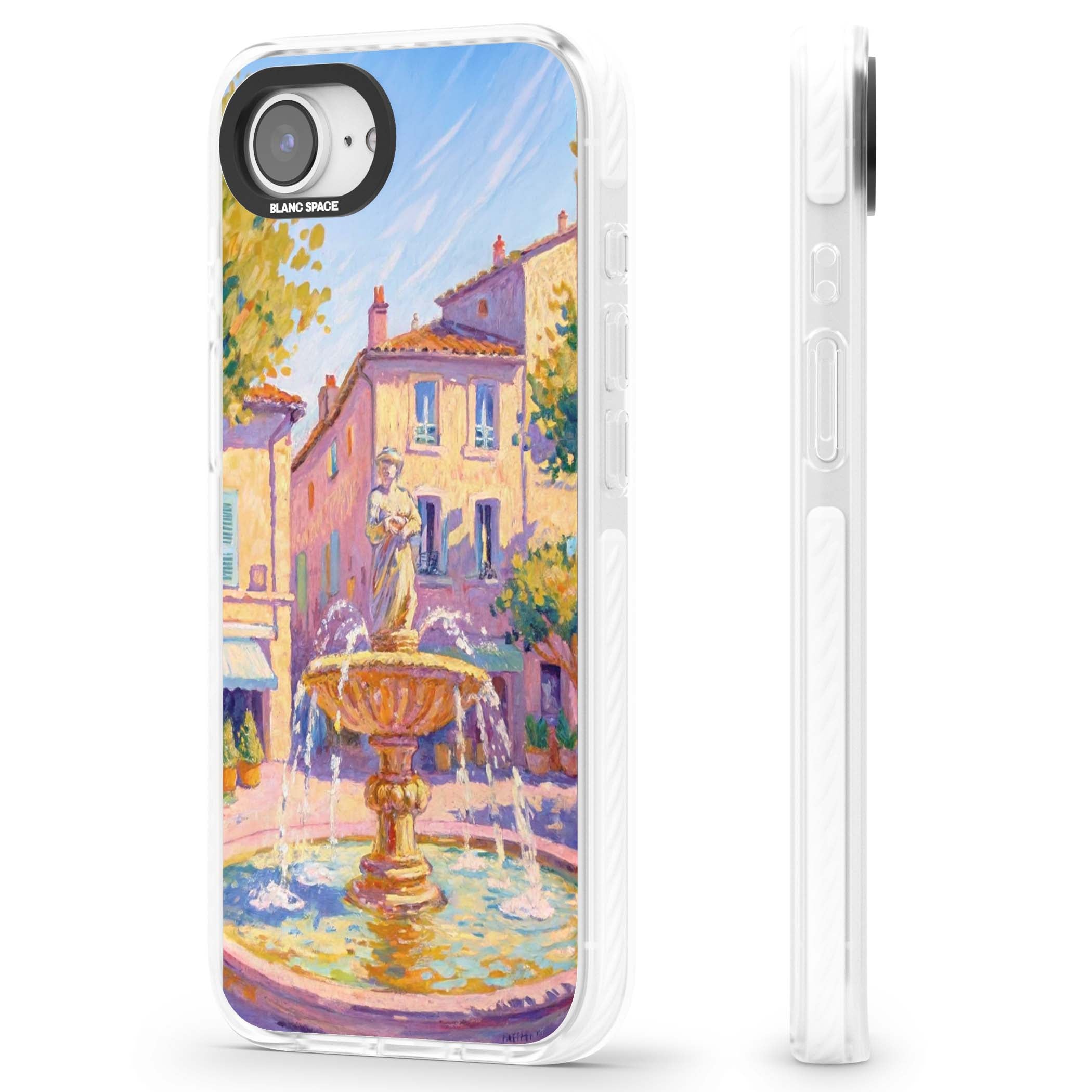 Fountain Square fine art iPhone case featuring an impressionist Provençal fountain, pastel village buildings and summe | Impact Magsafe case for iPhone 16e, iPhone 17e
