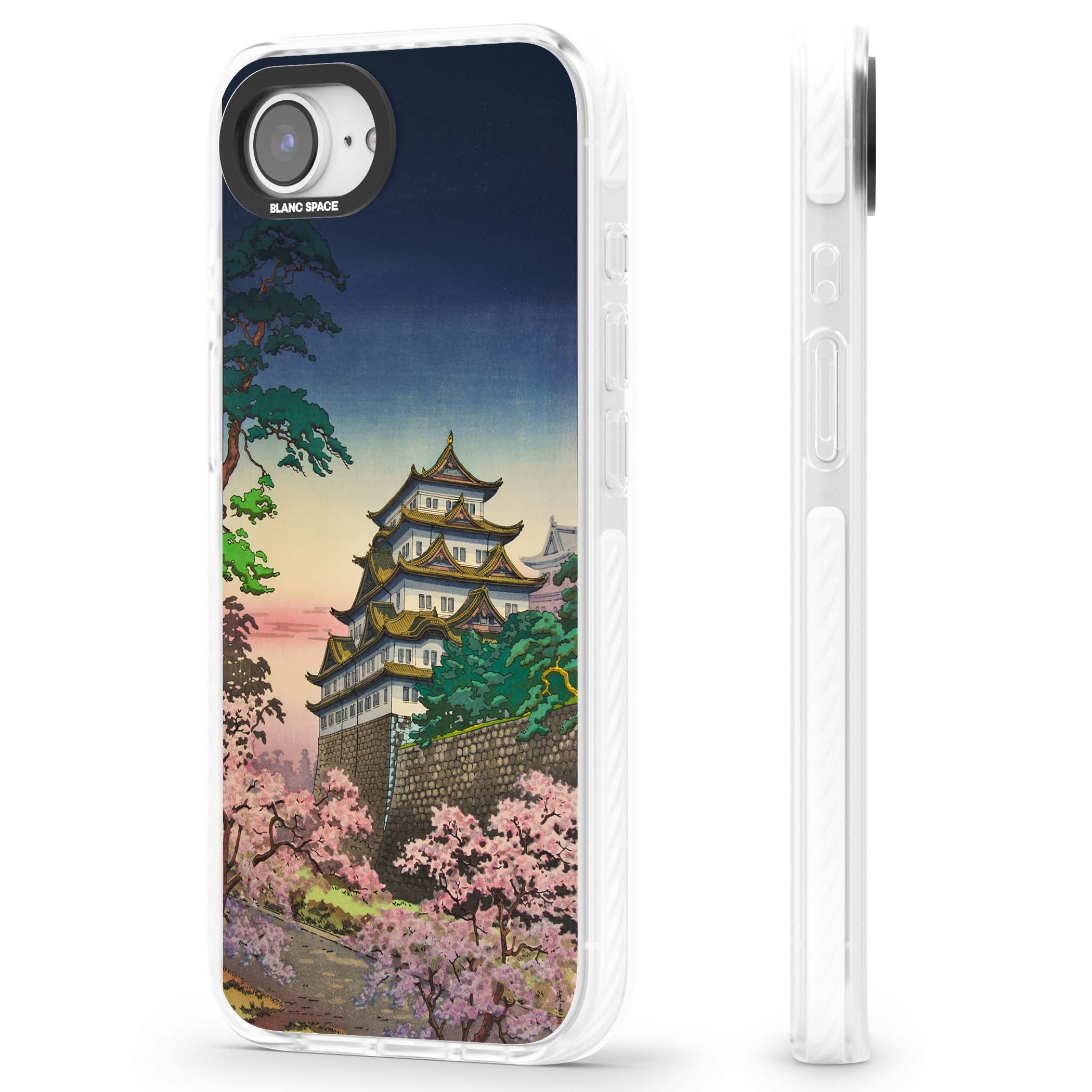 Nagoya Castle Japanese iPhone case featuring a vintage pagoda, twilight sky and cherry blossom trees | Impact Magsafe case for iPhone 16e, iPhone 17e