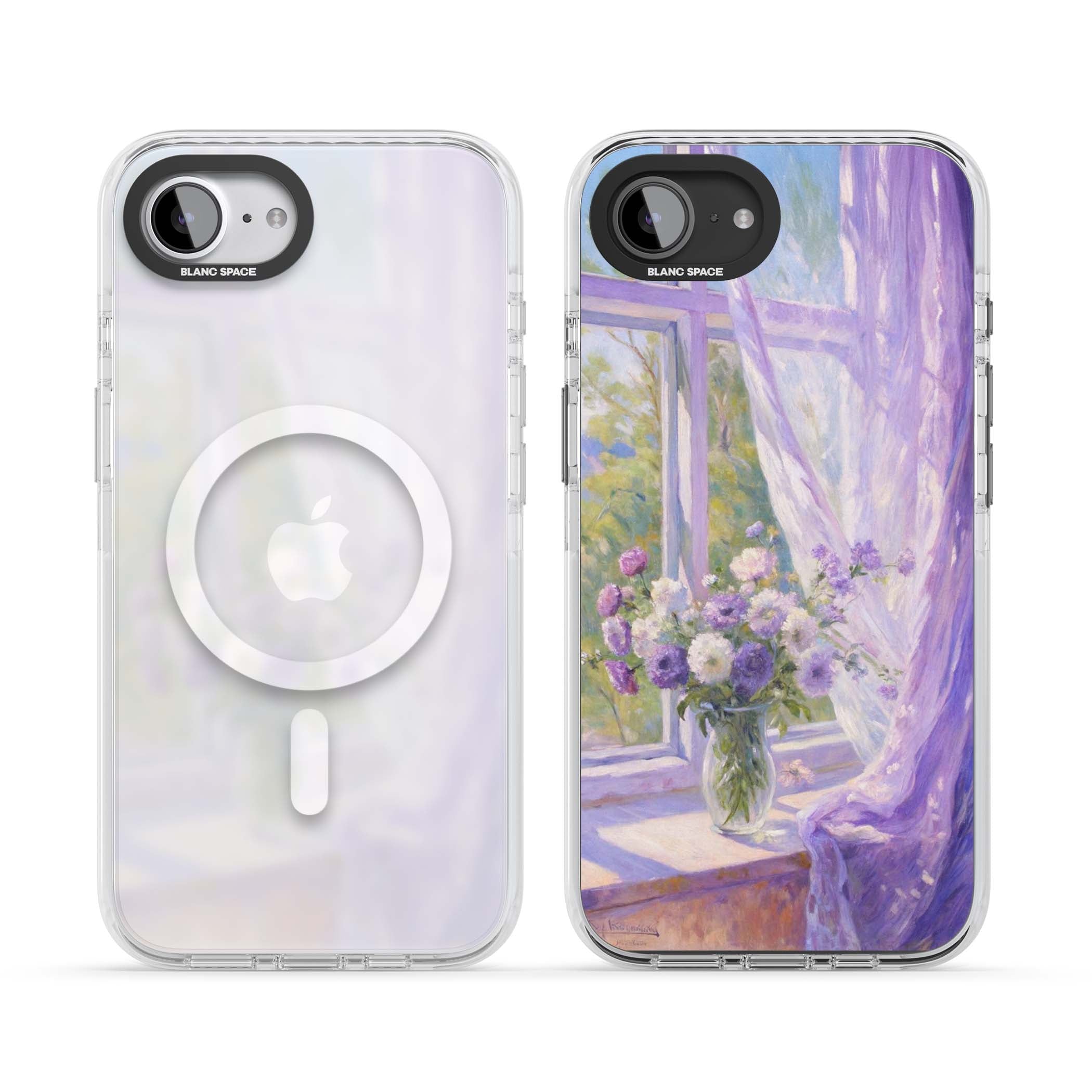 A Provence Morning impressionist art iPhone case featuring a vase of purple flowers, sunlit window and sheer curt | Impact Magsafe case for iPhone 16e, iPhone 17e