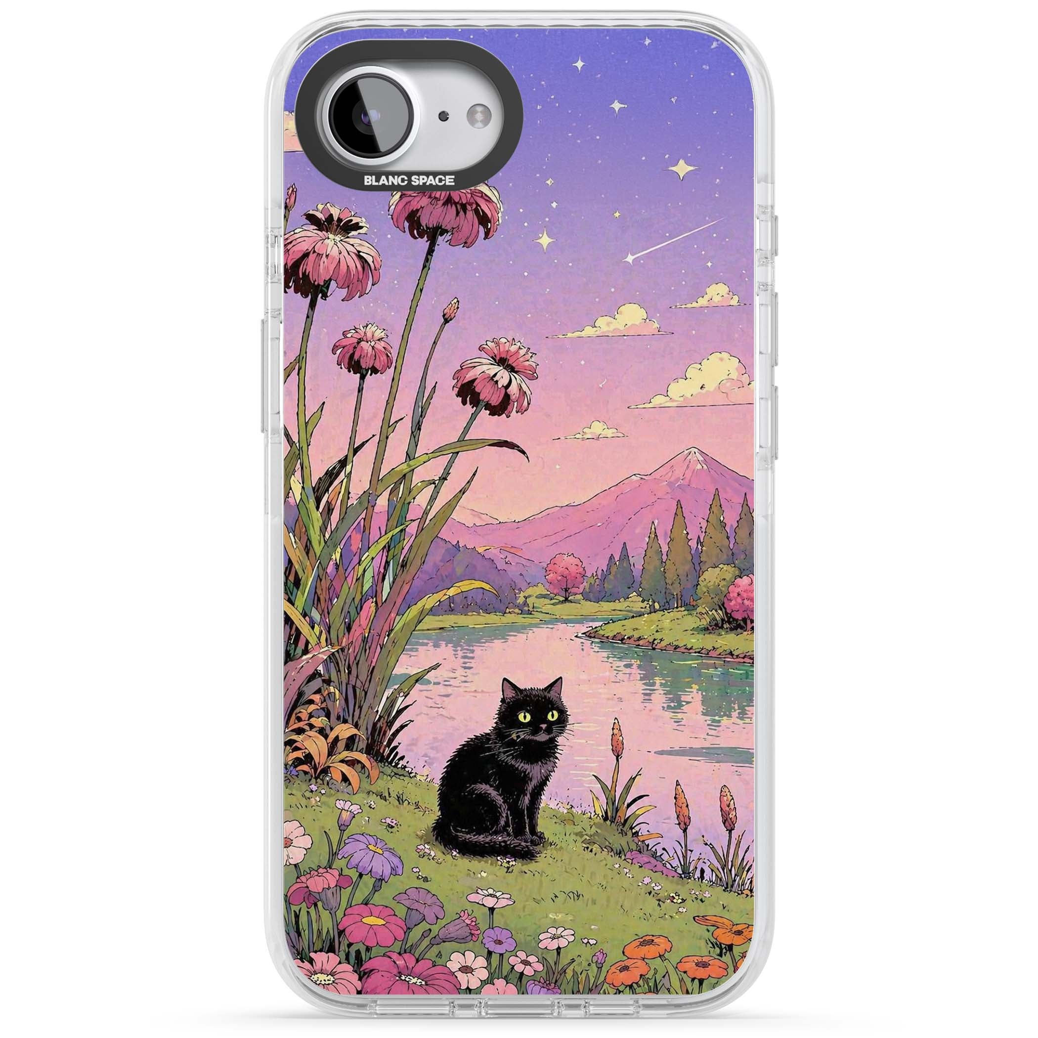 Mystic Whiskers ghibli iPhone case featuring a black cat by a pastel lake, wildflowers and a starry sunset sky | Impact Magsafe case for iPhone 16e, iPhone 17e