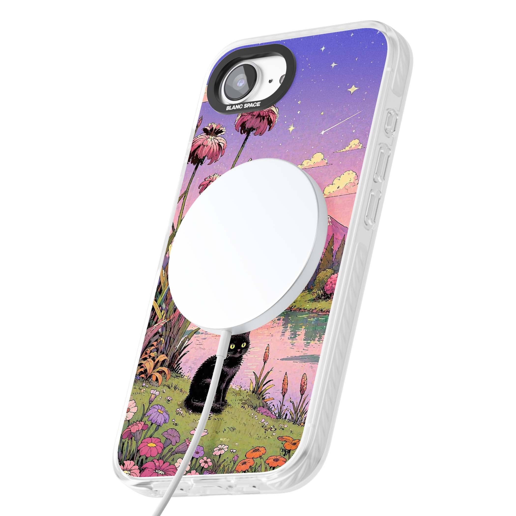 Mystic Whiskers ghibli iPhone case featuring a black cat by a pastel lake, wildflowers and a starry sunset sky | Impact Magsafe case for iPhone 16e, iPhone 17e