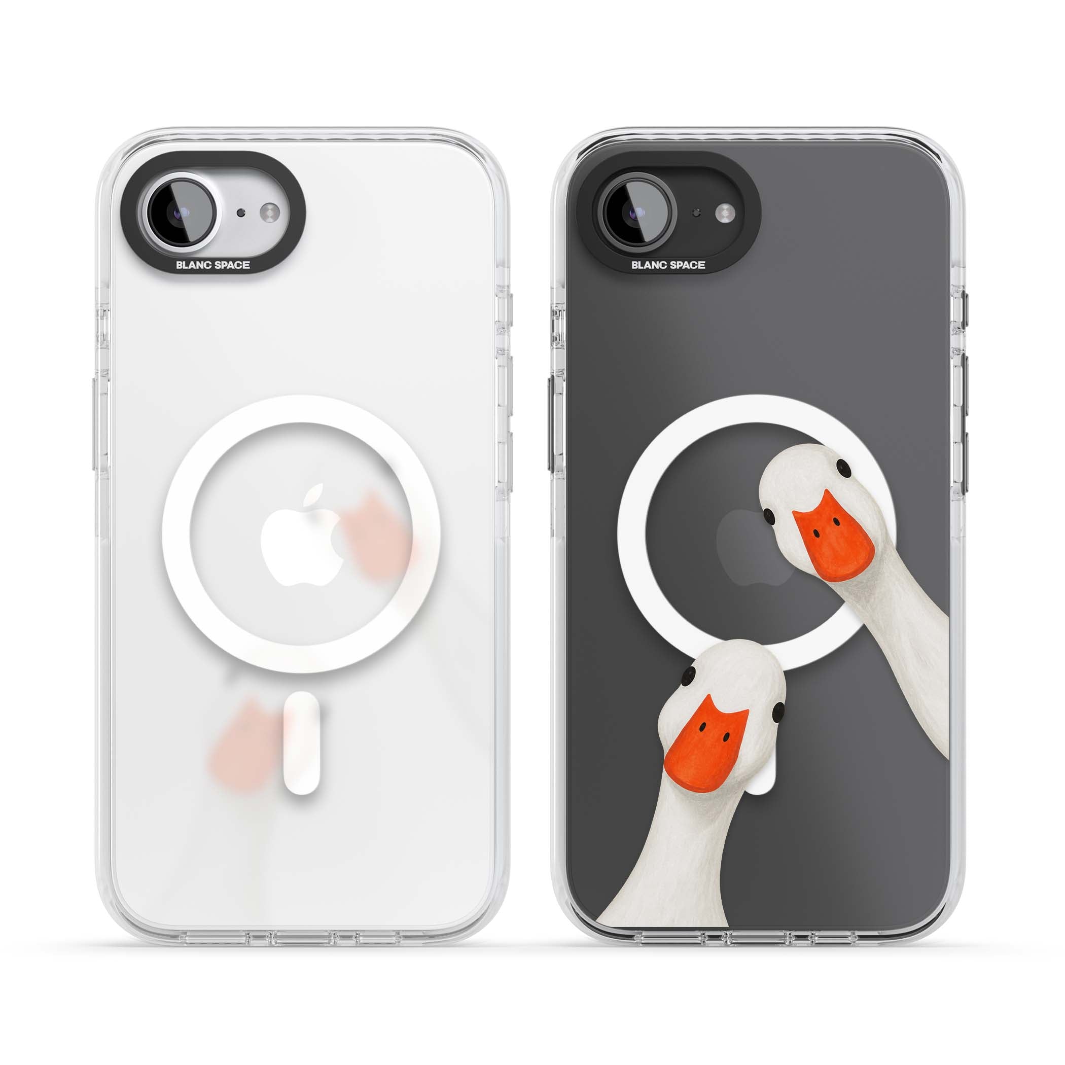 Nosy Ducks cottagecore iPhone case featuring two peeking white ducks with orange beaks on a clear background | Impact Magsafe case for iPhone 16e, iPhone 17e