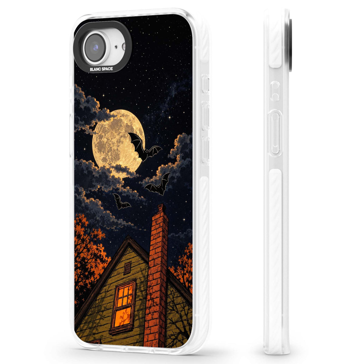 Hollows Eve Halloween iPhone case featuring a haunted house, full moon and flying bats against a starry autumn sky | Impact Magsafe case for iPhone 16e, iPhone 17e
