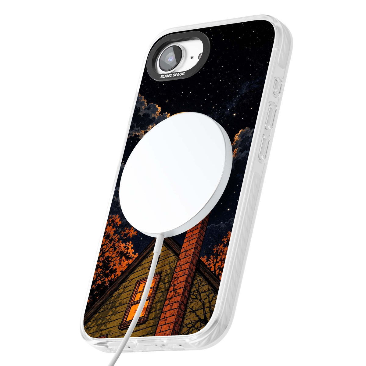Hollows Eve Halloween iPhone case featuring a haunted house, full moon and flying bats against a starry autumn sky | Impact Magsafe case for iPhone 16e, iPhone 17e