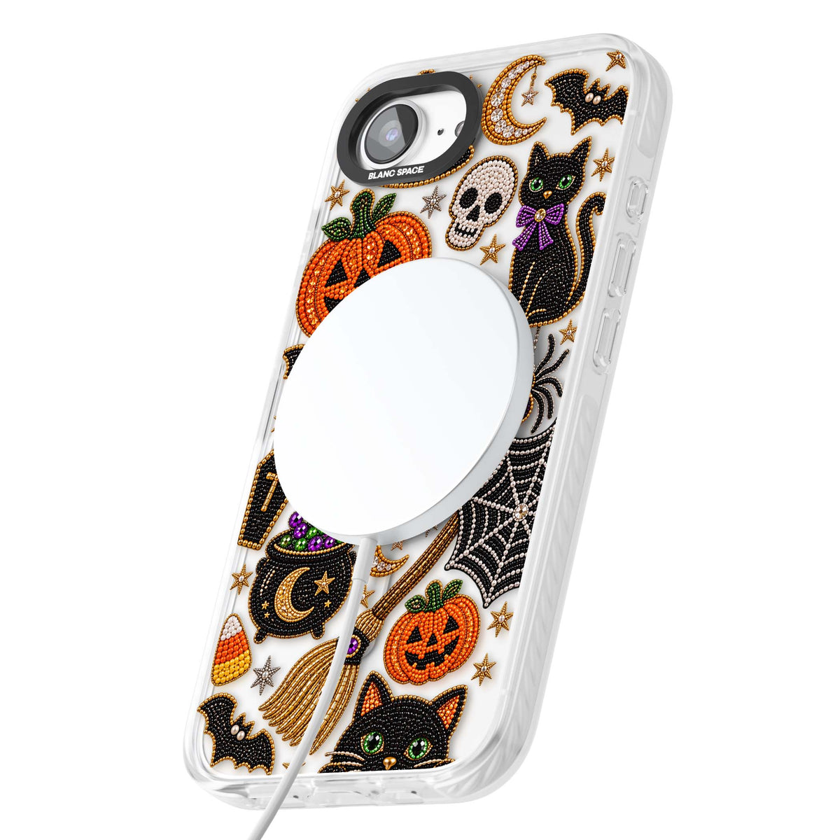 Beaded Halloween Halloween iPhone case featuring beaded pumpkins, ghosts, black cats and bats | Impact Magsafe case for iPhone 16e, iPhone 17e