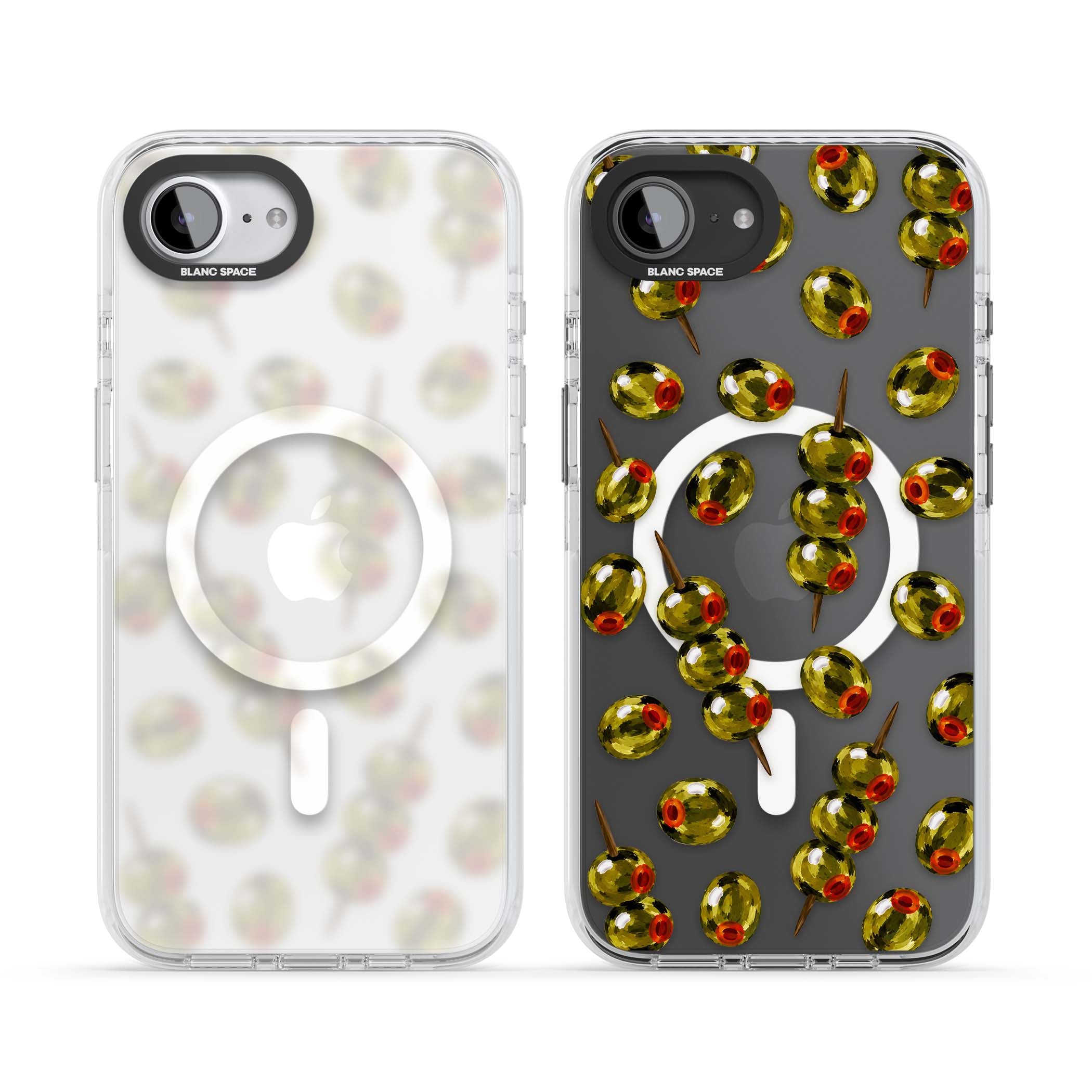 Painted Olives cocktail iPhone case featuring green olives, pimento centres and toothpick skewers on a clear background | Impact Magsafe case for iPhone 16e, iPhone 17e