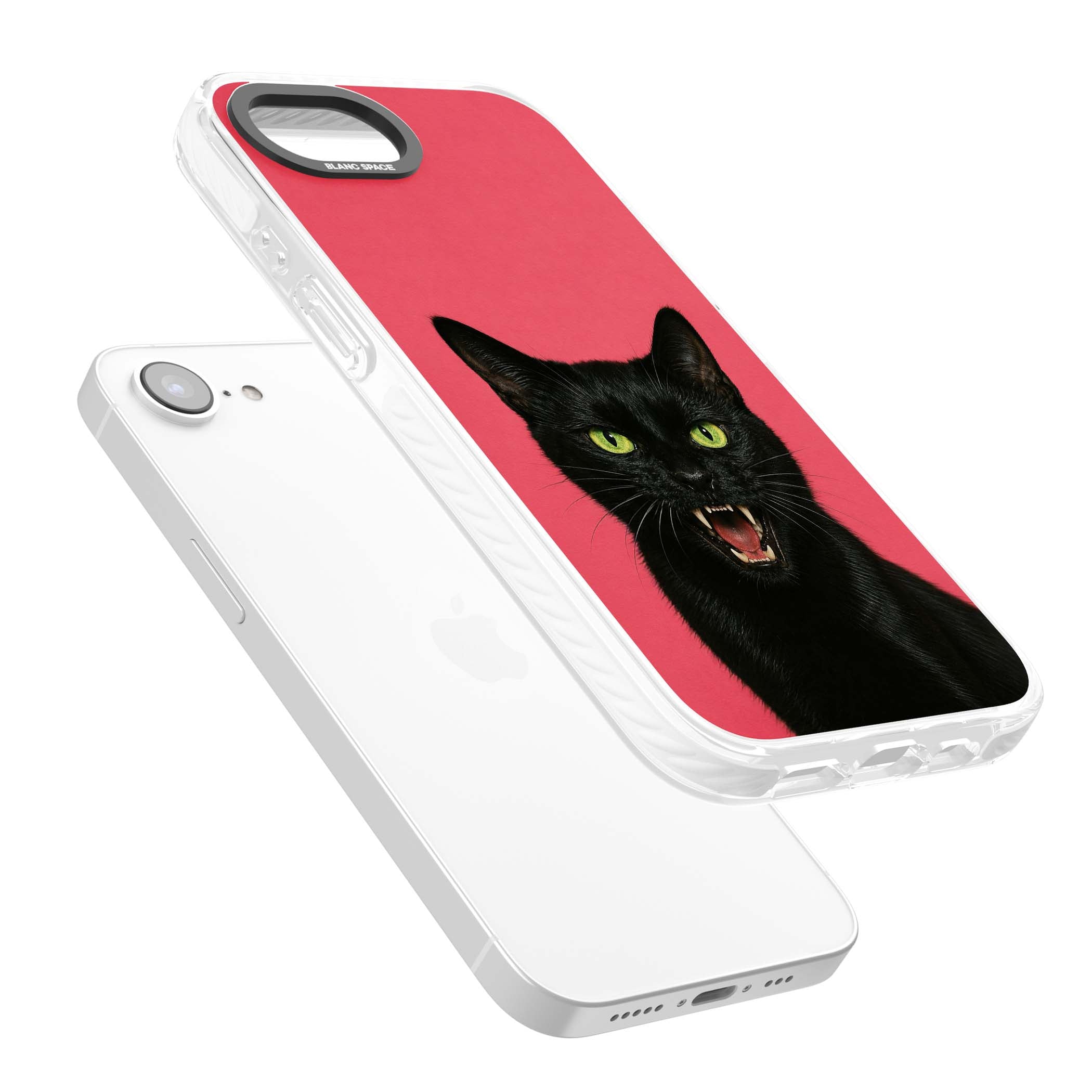 Hissin' Baddie black cat iPhone case featuring a hissing feline with green eyes on a hot pink background | Impact Magsafe case for iPhone 16e, iPhone 17e
